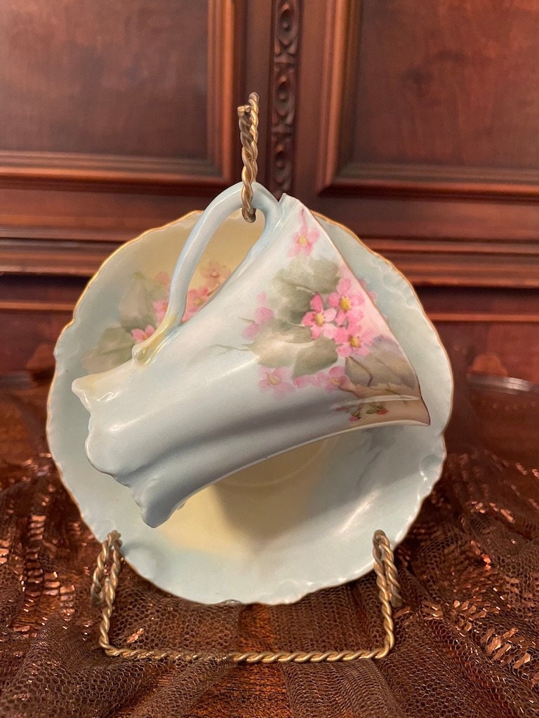 Antique Versailles Demitasse Cup Saucer Set Hand Painted Pink Blossoms Scalloped Edges Pastel Blue Gold Rim Vintage Porcelain Collectible