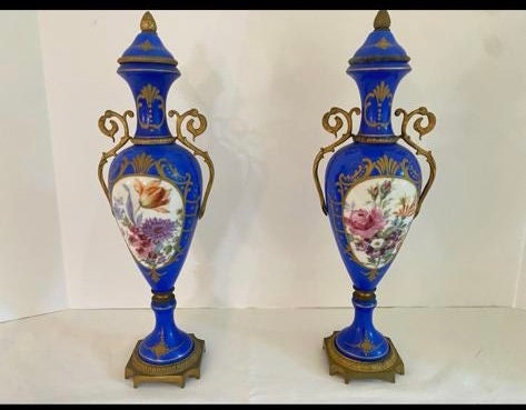 Antique French Cobalt Blue Porcelain Vases Pair Floral Urns Gilt Bronze Handles Victorian Home Decor Elegant Collectible Display Piece