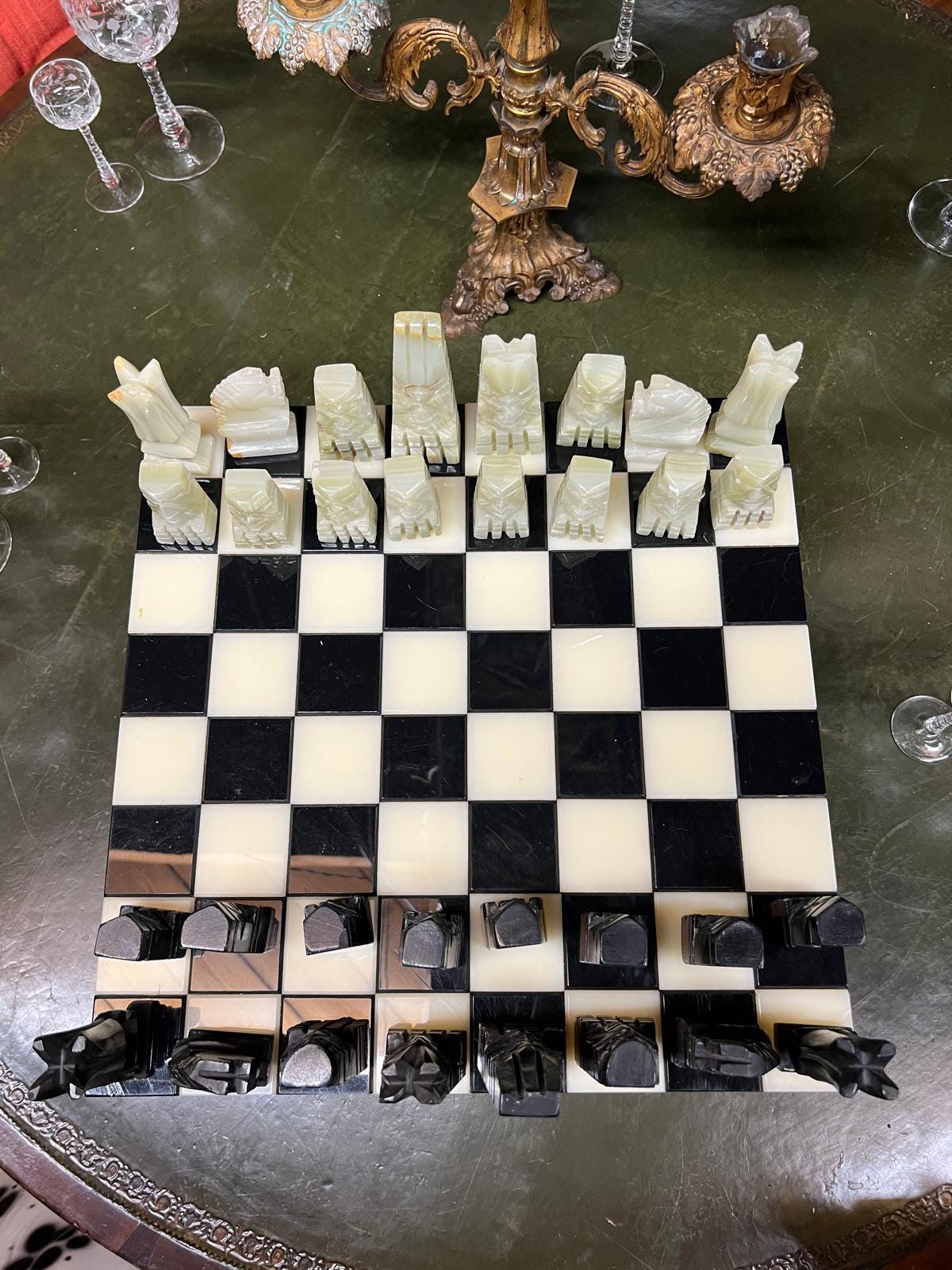 Vintage Hand Carved Onyx Marble Chess Set Complete Mid Century Modern Black White Board Unique Game Room Decor Statement Display Piece