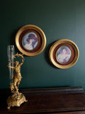 Pair Of Framed Miniature Portraits Gold Round Frame Romantic Women Wall Art Antique Style Velvet Backing Classical Interior Decoration