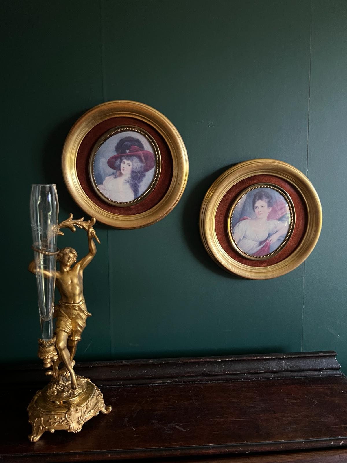 Pair Of Framed Miniature Portraits Gold Round Frame Romantic Women Wall Art Antique Style Velvet Backing Classical Interior Decoration