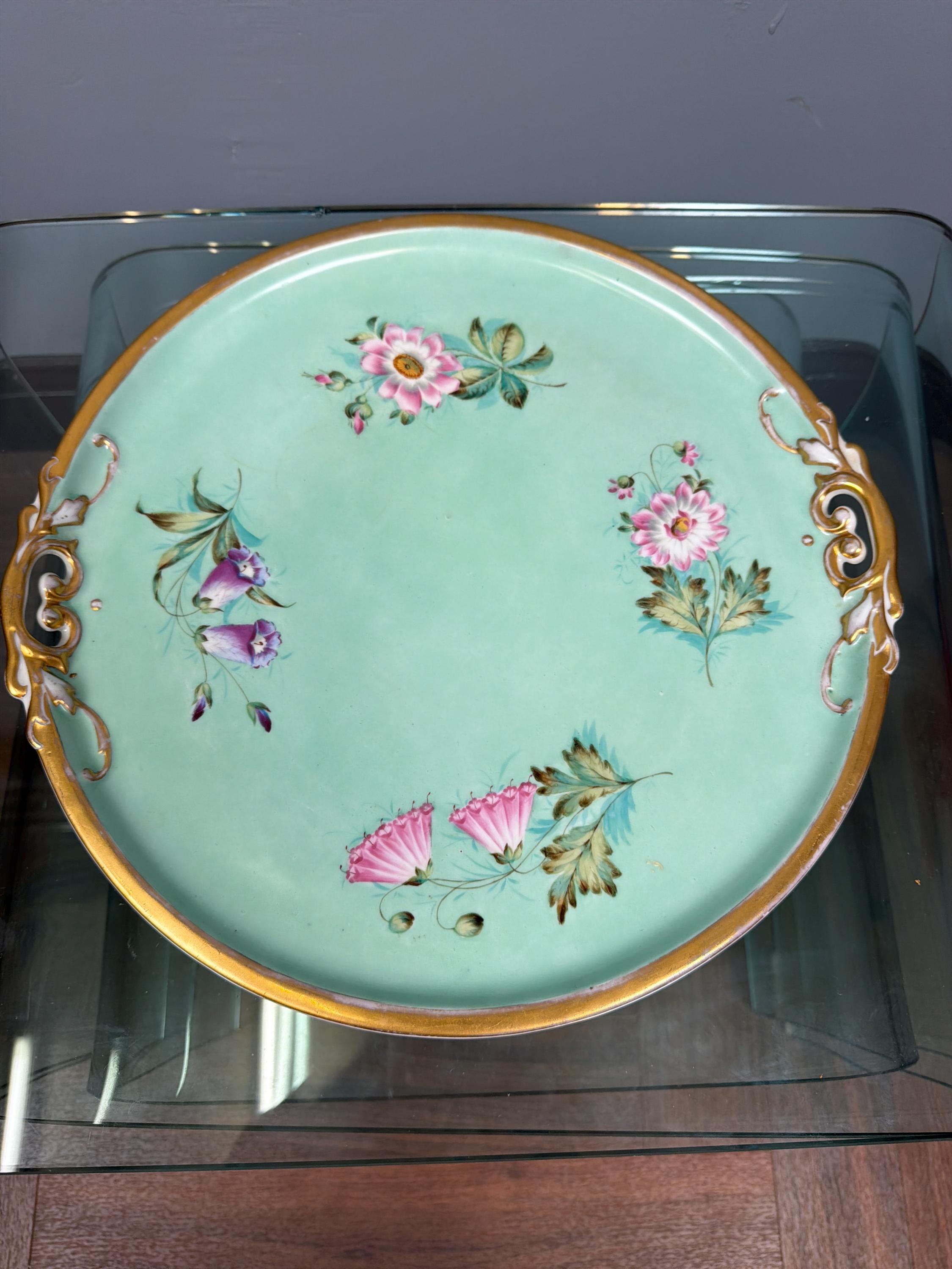 Vintage Hand Painted Porcelain Tray, Mint Green Floral Serving Vanity Tray, Gold Gilt Handles Decorative Display Plate