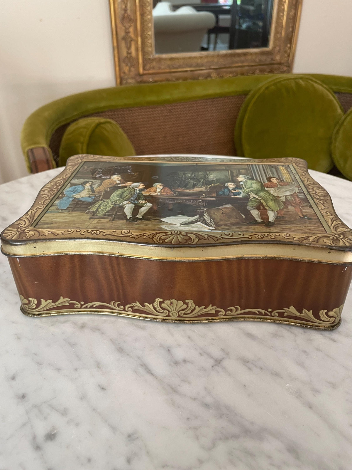 Vintage Patria Biscuit Tin Decorative Metal Box Dutch Scene Collectible Storage Container Gold Interior Baroque Design European Style