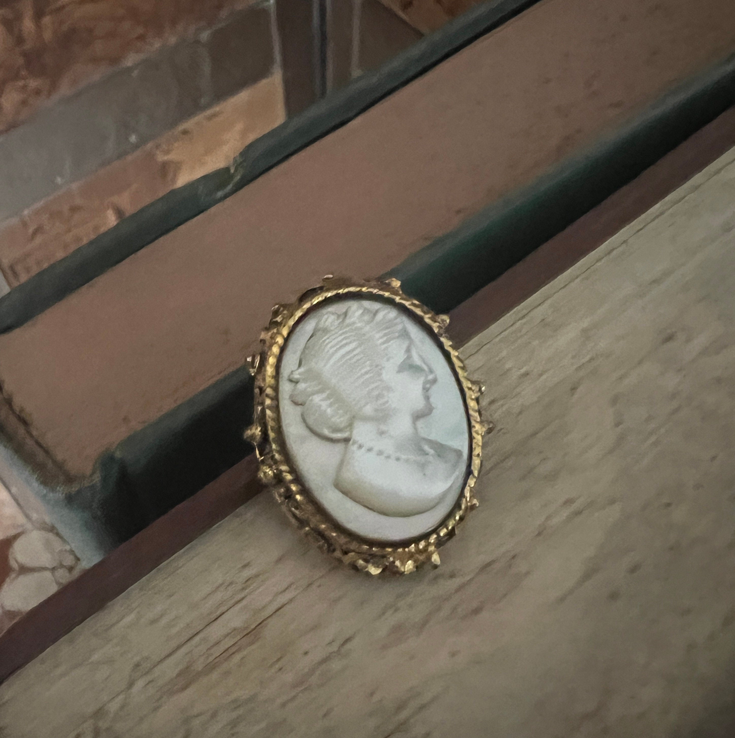 Vintage Cameo Brooch Antique Gold Tone Carved Shell Lady Portrait Pin Elegant Victorian Style Jewelry Gift Heirloom Collectible Accessory