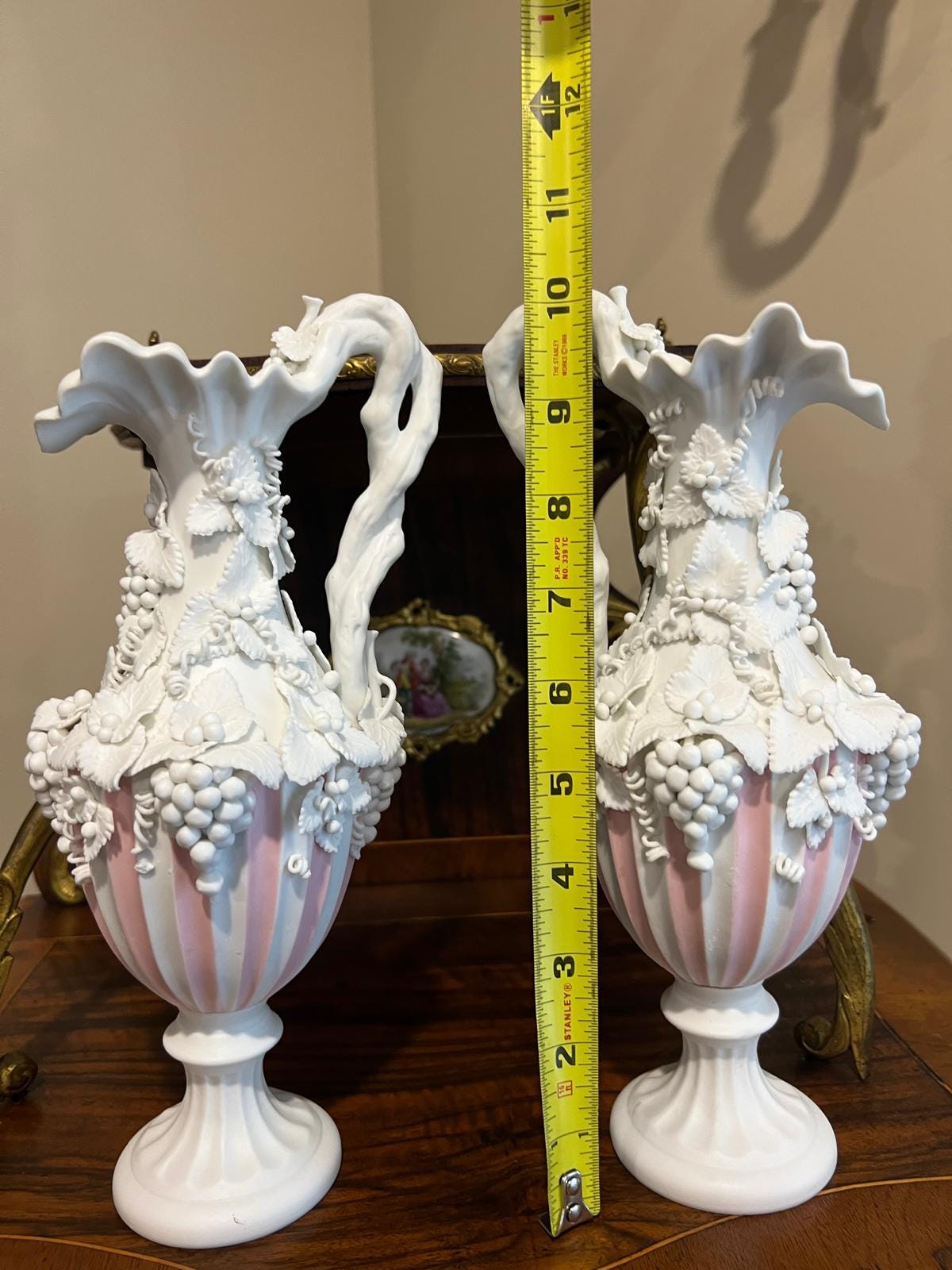 Vintage Porcelain Grape Motif Pink White Mantel Vases Pair Rococo Style Ornate Pedestal Urns Shabby French Country Cottage Chic Decorative