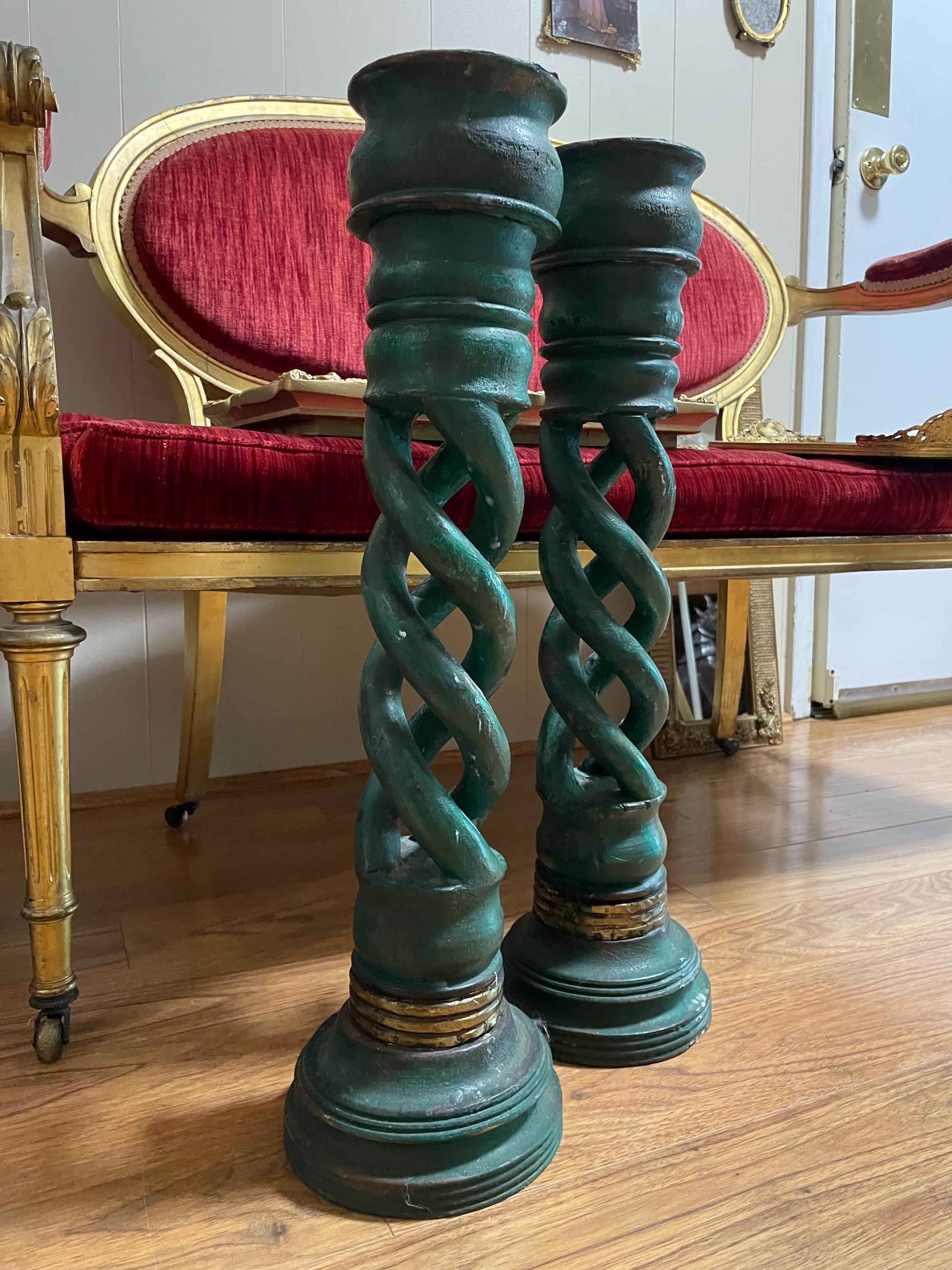 Vintage Green Twisted Candleholders Pair Brass Accents Unique Home Decor Classic Design Statement Lighting Antique Elegant Candle Sticks