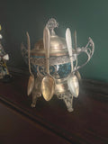 Antique Victorian Silverplate Condiment Holder Set Ornate Blue Glass Bowl Elegant Footed Frame Collectible Centerpiece Spoons Display Decor