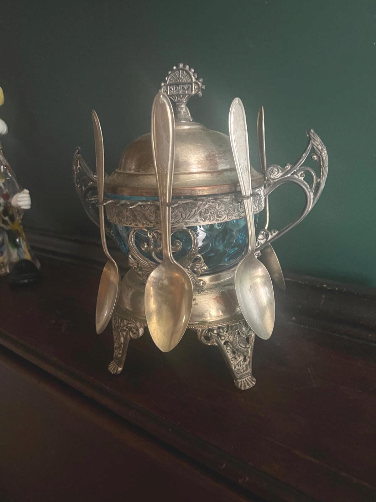 Antique Victorian Silverplate Condiment Holder Set Ornate Blue Glass Bowl Elegant Footed Frame Collectible Centerpiece Spoons Display Decor