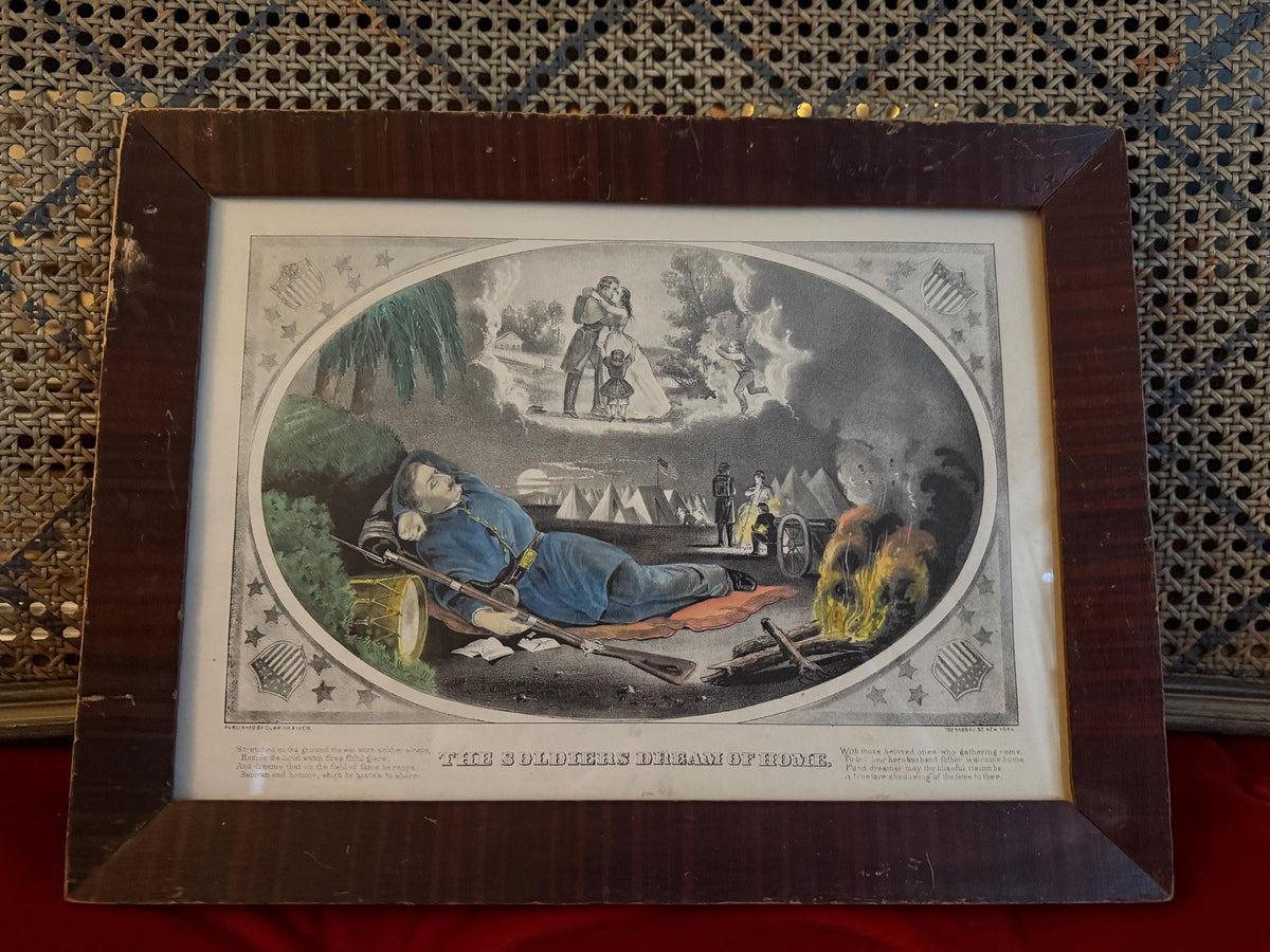 Antique Currier & Ives “The Soldier’s Dream of Home” 1860s Original Hand-Colored Lithograph Civil War Era Medium Folio, Antique Framed Print