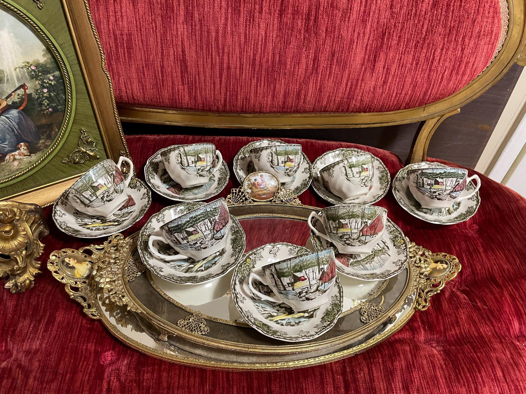 Vintage Johnson Bros Friendly Village China Set Winter Scene Transferware Holiday Tea Plates Bowls Cups Display Gift Cottage Kitchen