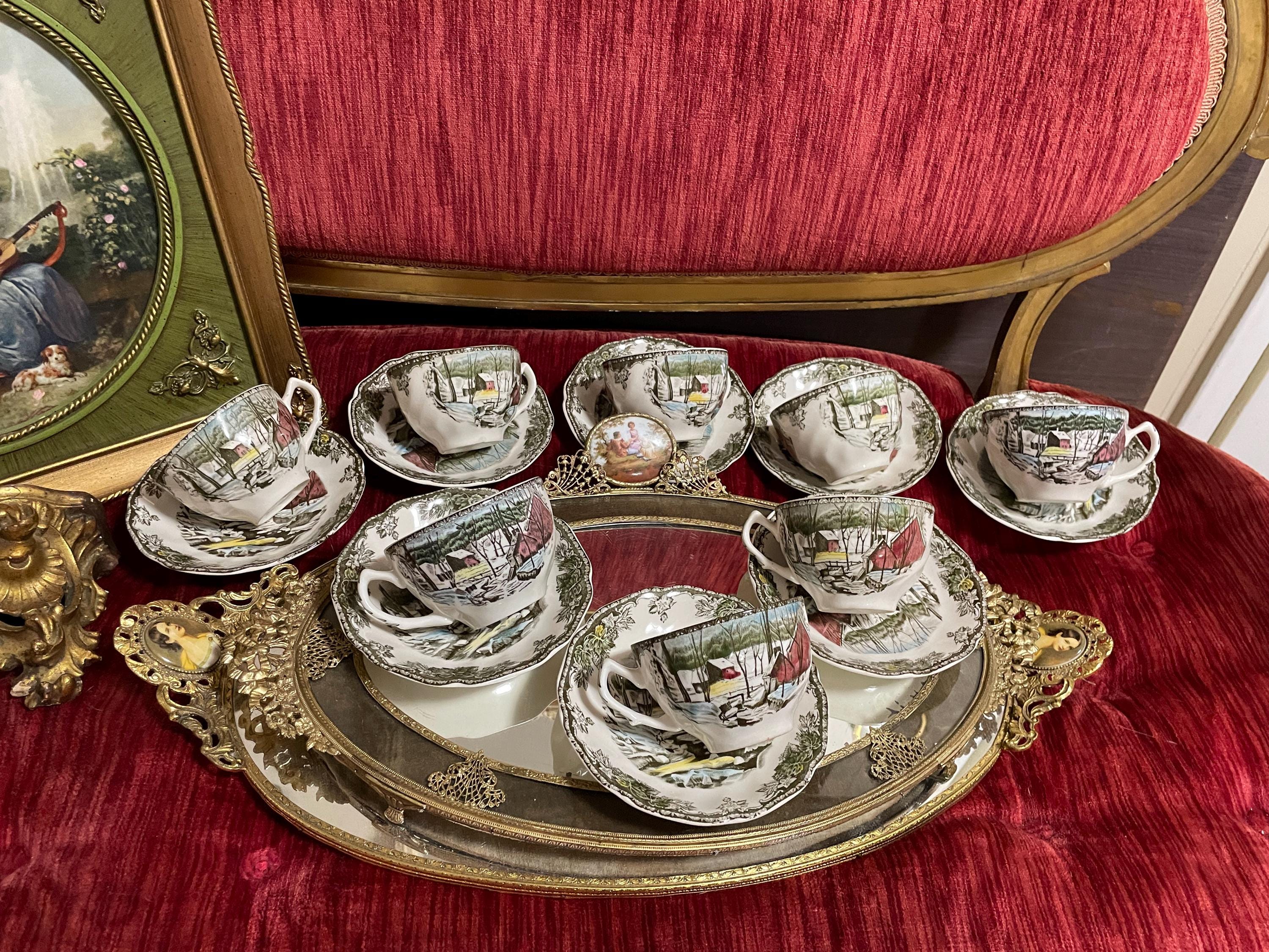 Vintage Johnson Bros Friendly Village China Set Winter Scene Transferware Holiday Tea Plates Bowls Cups Display Gift Cottage Kitchen