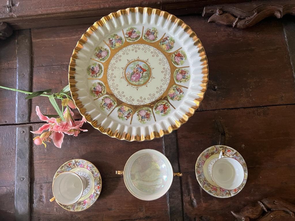 Vintage Set of 4 Fragonard Design Gold Gilded Porcelain Cake Stand  Cups Saucers  & Candy Dish