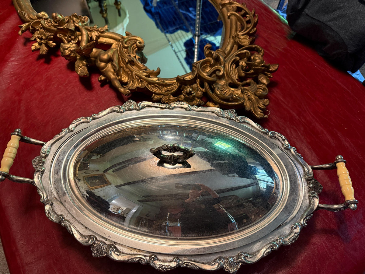 Vintage Electric Warming Tray Glass Dish Buffet Silver Covered Serving Dish Tureen Elegant Large Oval Lid Handles Victorian Buffet Display