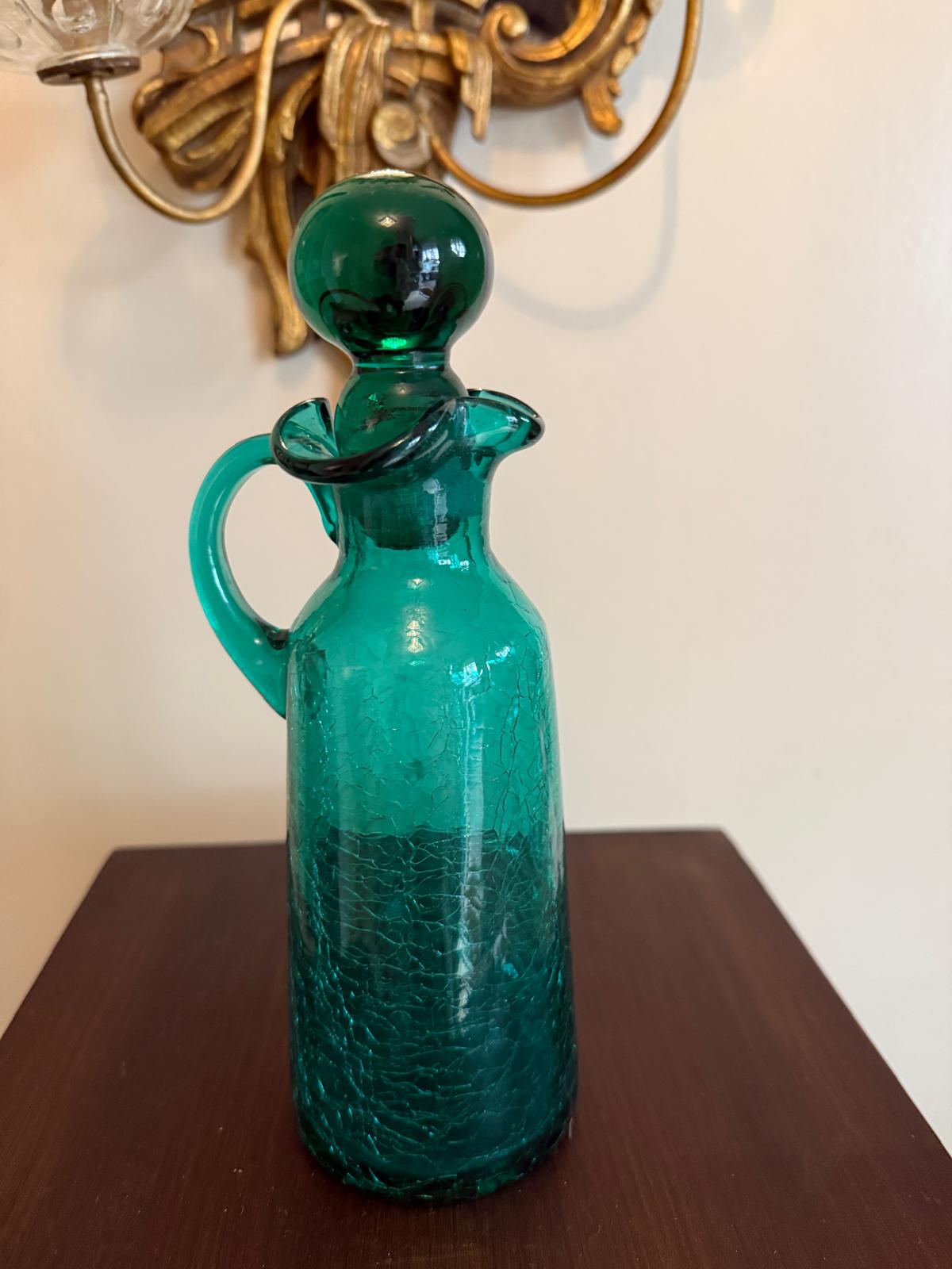 Vintage Crackle Glass Decanter Green Art Glass Pitcher Stopper Bottle Mid Century Barware Teal Emerald Green Crackle Glass Cruet Mid Century