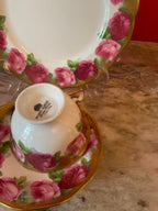 Vintage Set of 4 Royal Albert Gold Pink Floral Design Cups Saucers Dessert Plates.Made in England