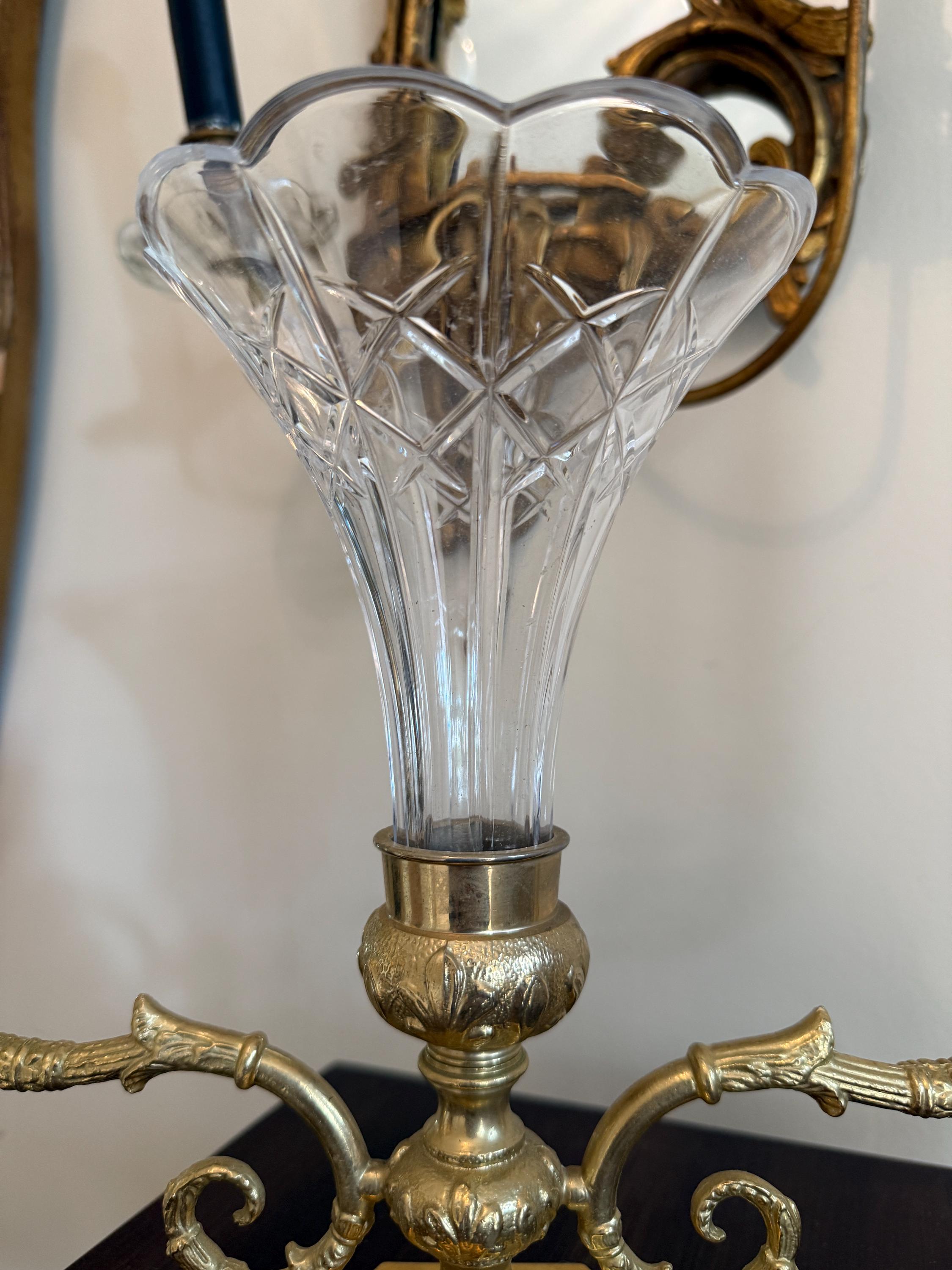 Vintage Brass French Style Two Arm Candelabra Centerpiece with Cut Glass Vase and Dual Candle Holders, Candlestick Home Decoration