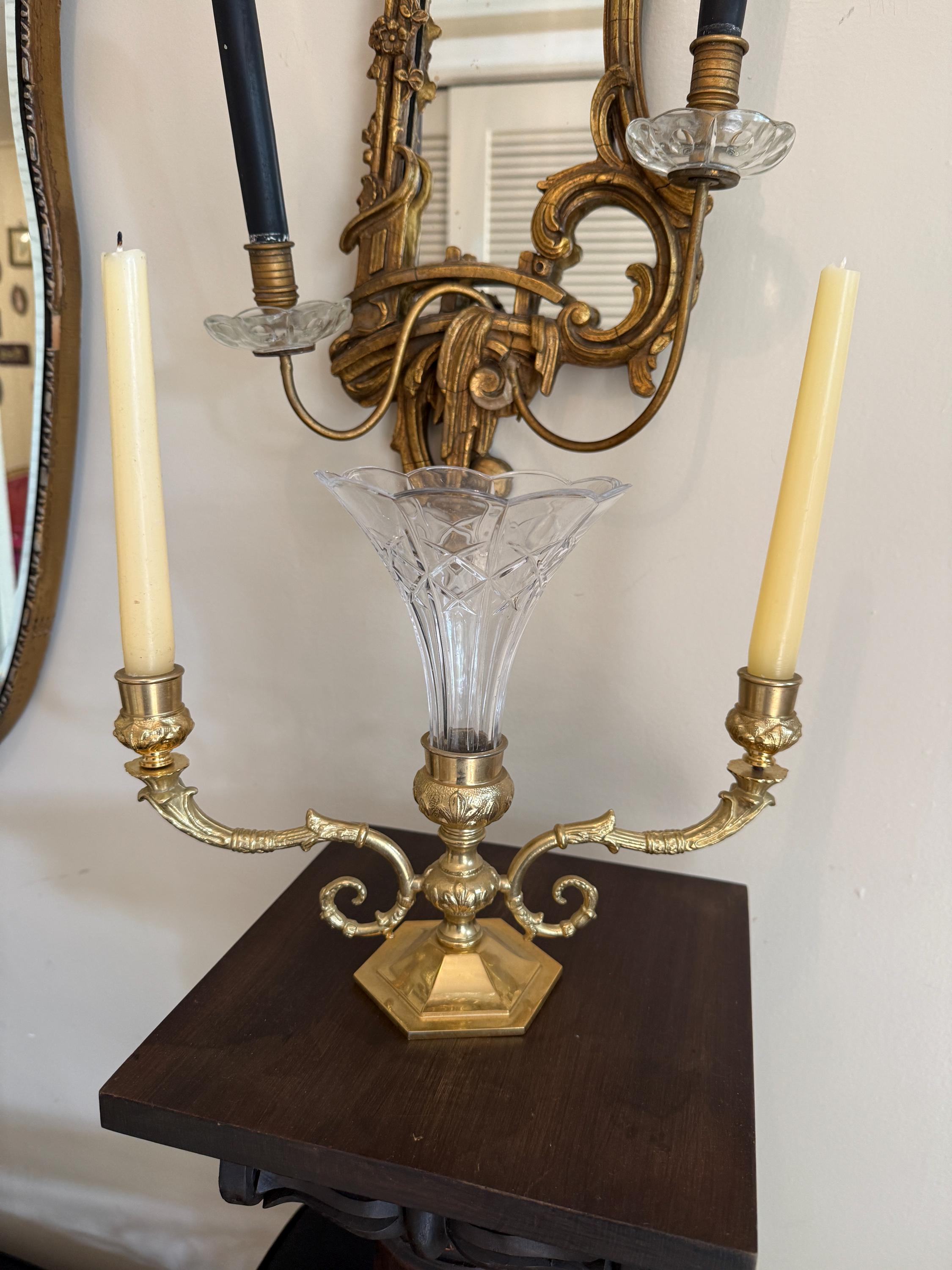 Vintage Brass French Style Two Arm Candelabra Centerpiece with Cut Glass Vase and Dual Candle Holders, Candlestick Home Decoration