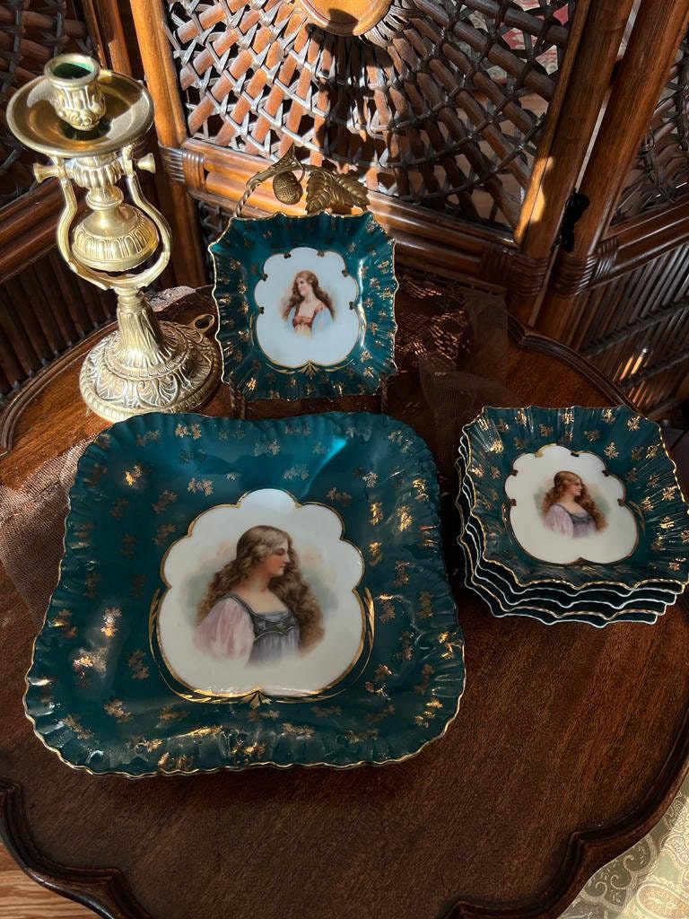 Antique Teal Porcelain Plate Set Hand Painted Lady Portrait Gold Gilded Victorian Decorative Dishware French Style Unique Wall Display