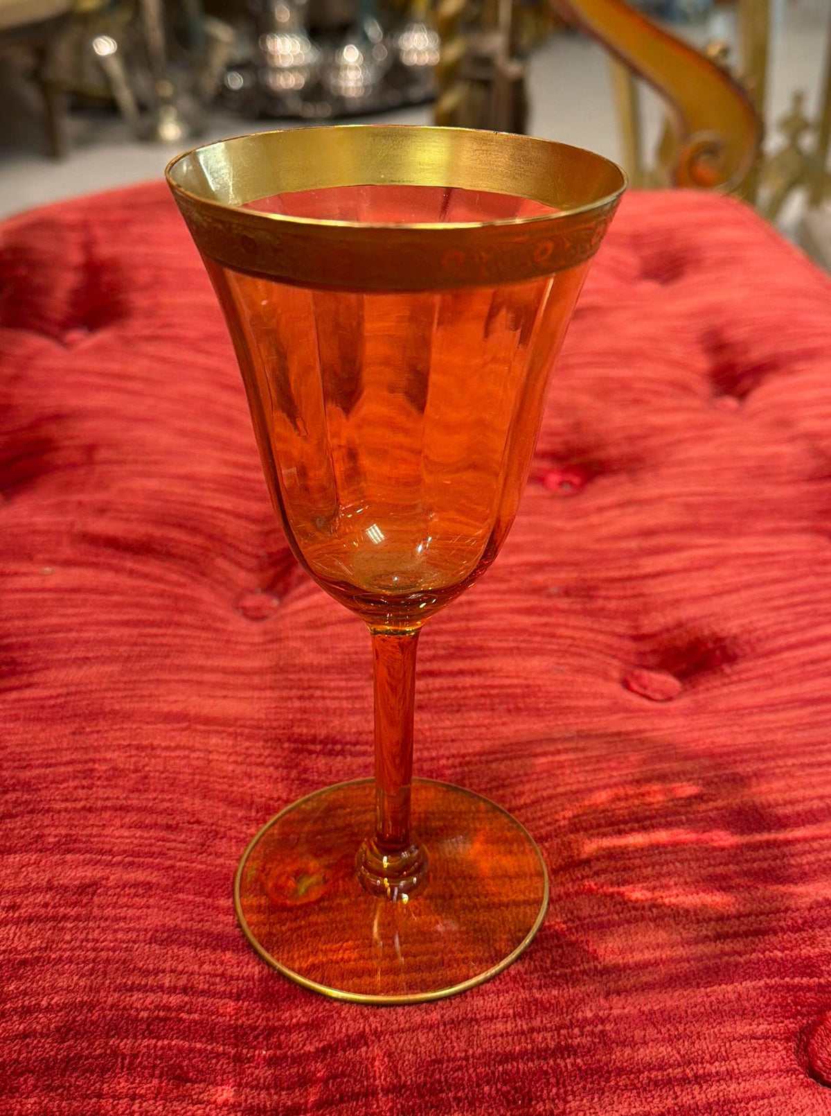 Vintage Amber Wine Glass Set Gold Rim Goblets Hollywood Regency Barware Elegant Stemware Set of 8