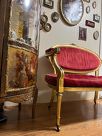 Antique French Louis XVI style Wooden Red Velvet Settee Sofa Antique French Gilded Hand-Carved Wood  Gold Gilt Elegant Furniture Loveseat