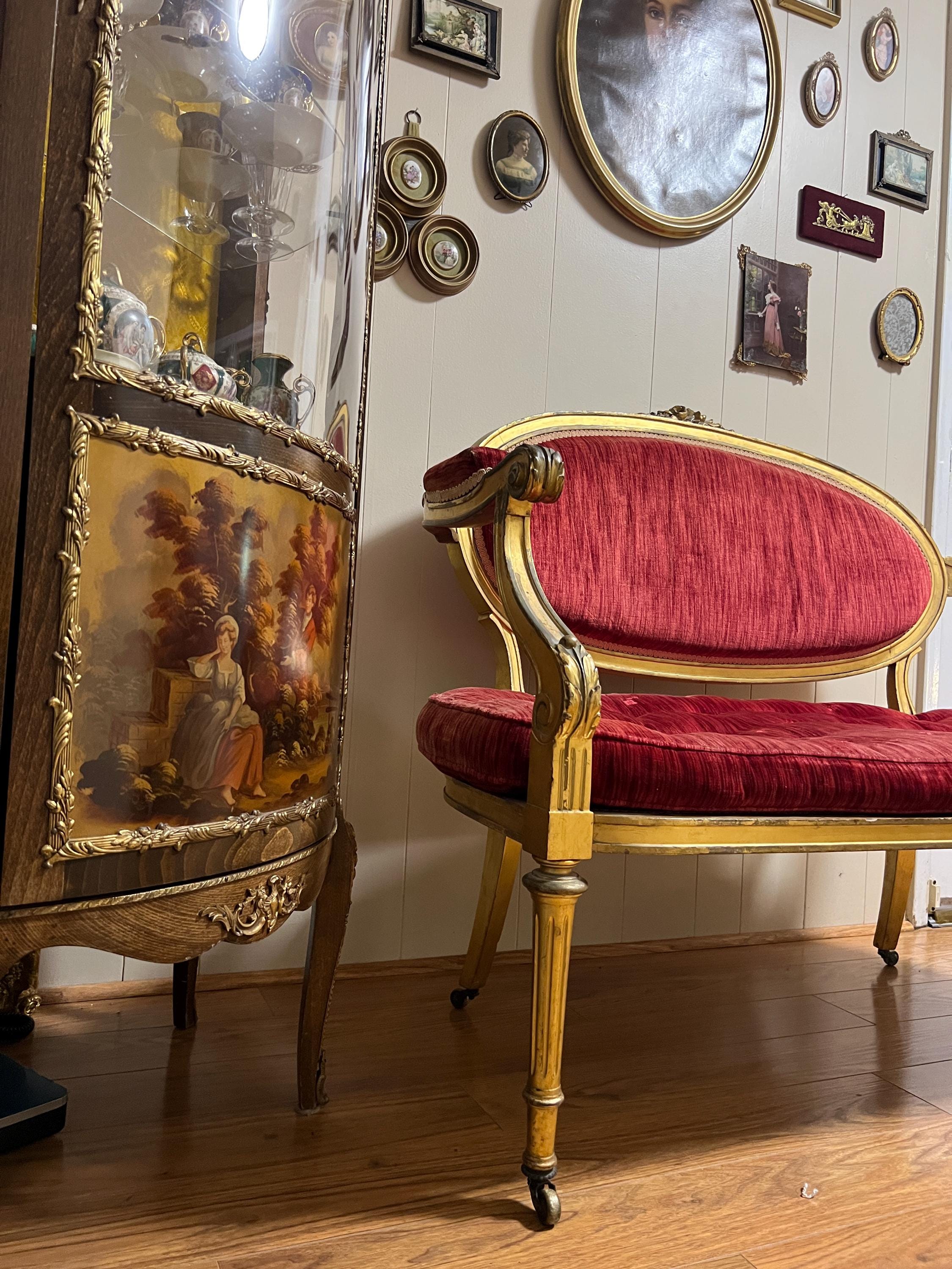 Antique French Louis XVI style Wooden Red Velvet Settee Sofa Antique French Gilded Hand-Carved Wood  Gold Gilt Elegant Furniture Loveseat