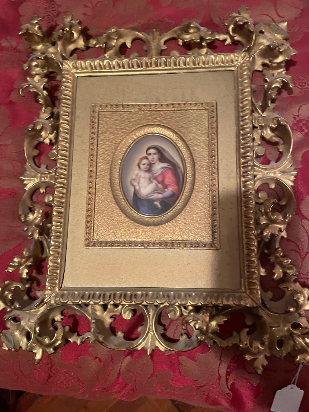 Antique KPM Porcelain Rare Oil Painting of Madonna on an Oval porcelain plaque Gold Gilwood Framed
