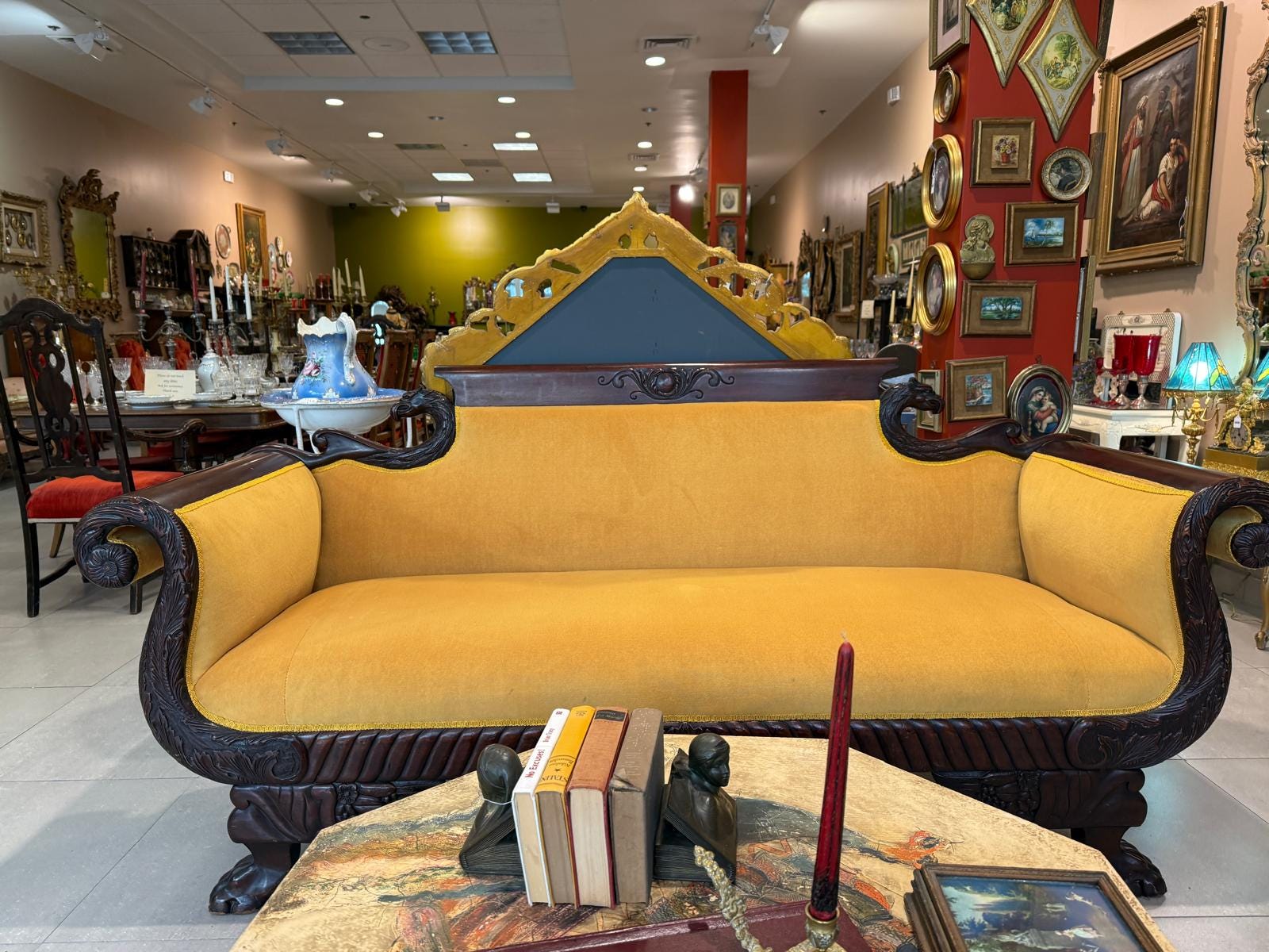 American Empire Revival Mahogany Eagle Arm Sofa – Hand Carved Statement Sofa