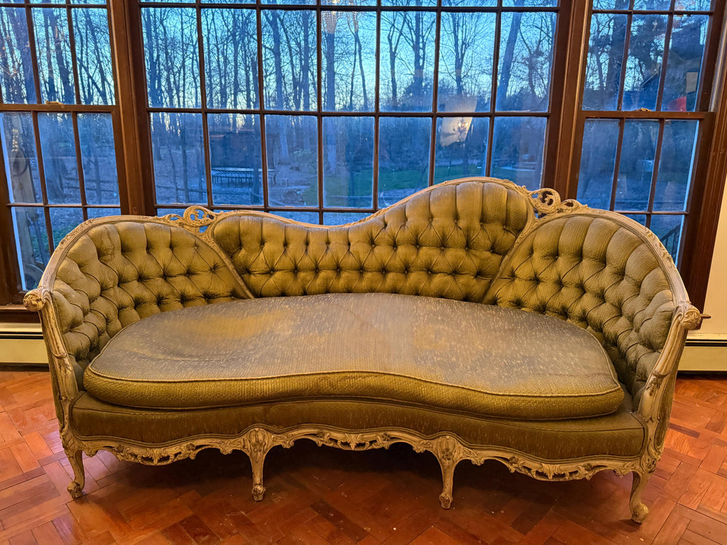 Antique French Louis XV Style Tufted Canapé  Antique French Sofa Ornate Carved Frame Reupholstery Louis XV Style Circa 1900s Luxurious Sofa
