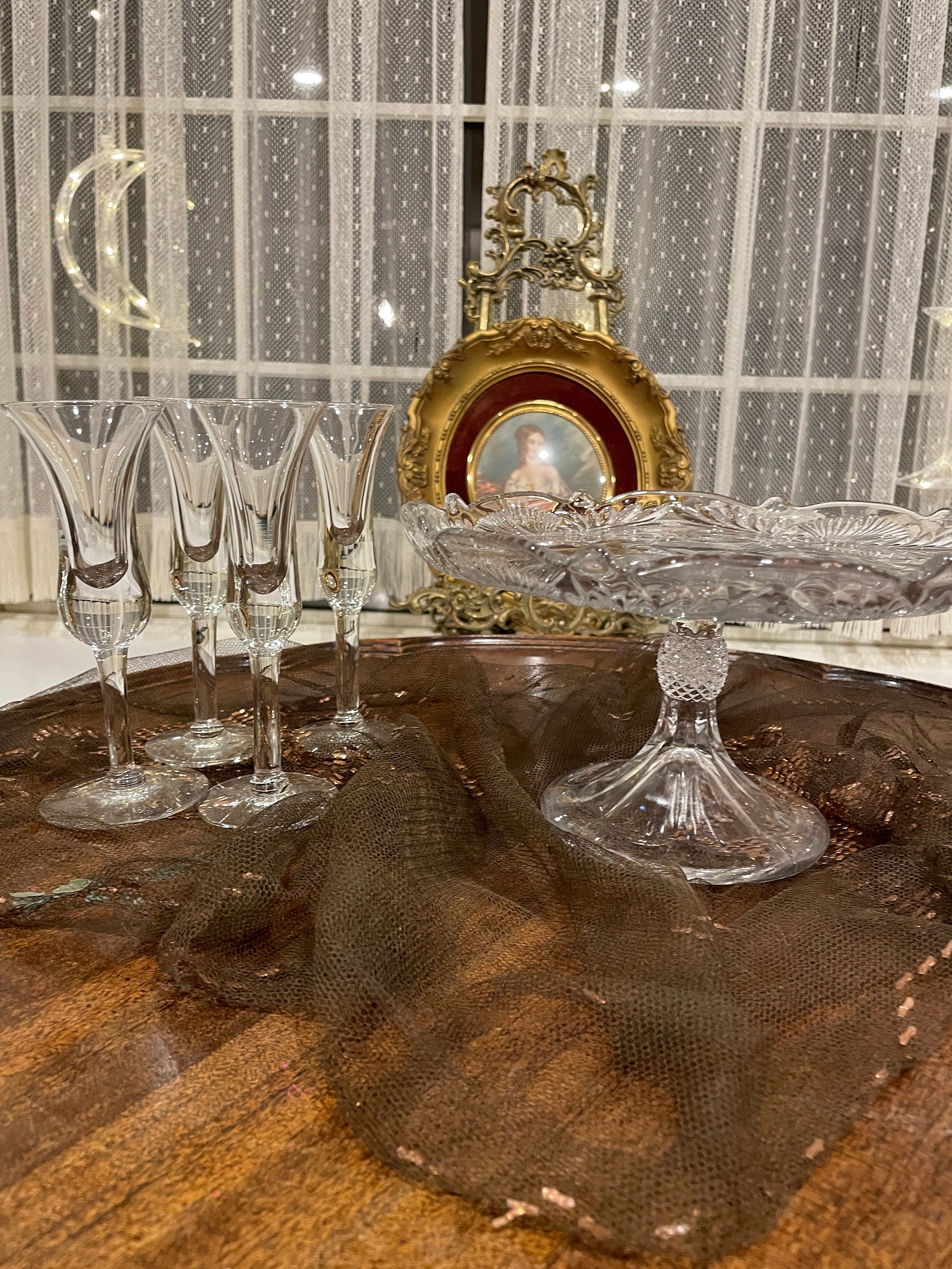 Vintage MCM Set of 5 Unique Glass Cake Stand & Cordial Liqueur Shot Glasses Glassware Set