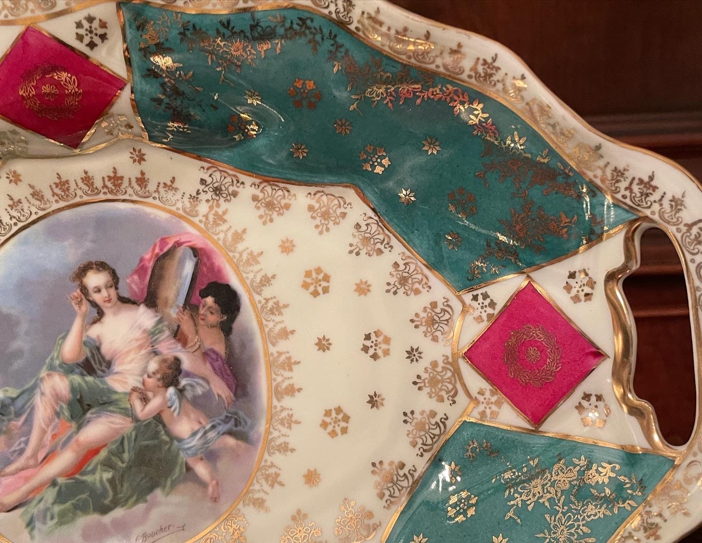Antique Porcelain Wall Plate Rococo Lovers Scene Gold Trim Turquoise Pink Charger Hand Painted Cherub Romantic Baroque French Style Art