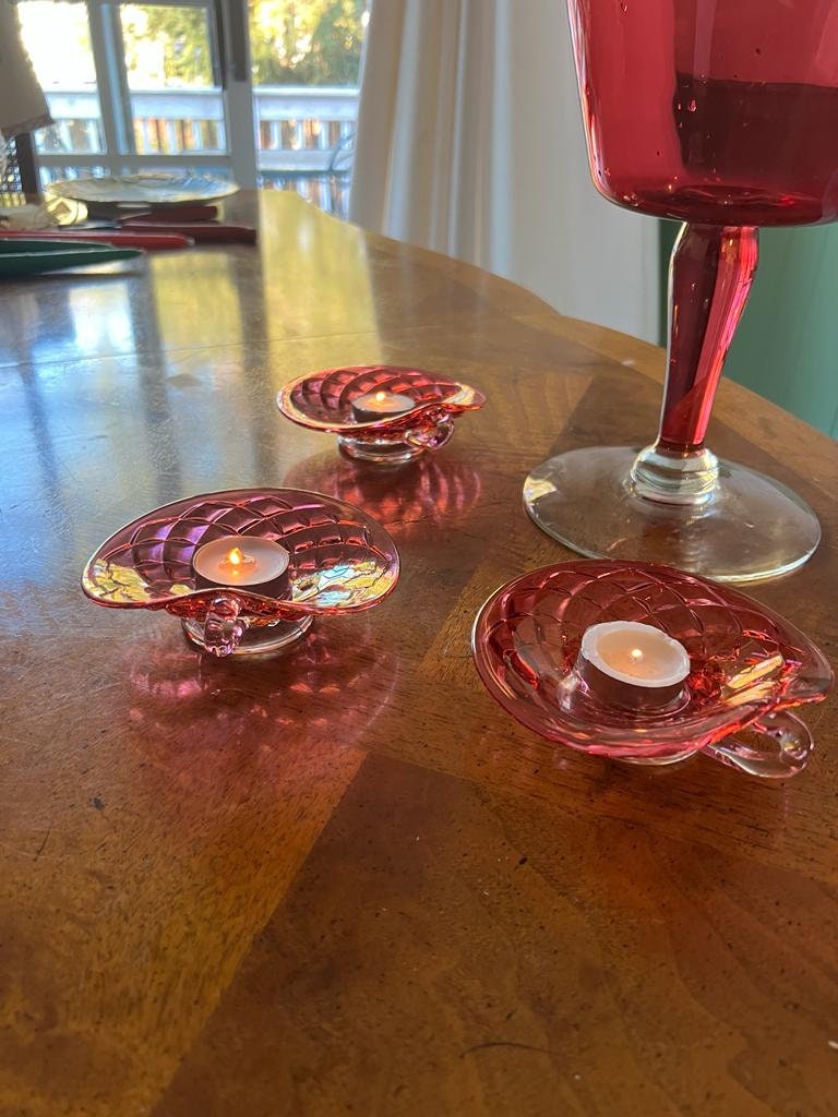 Vintage Ruby Red Glass Centerpiece Set Including Large Footed Bowl Three Candle Holders Elegant Iridescent Mid Century Decor Romantic Tablet