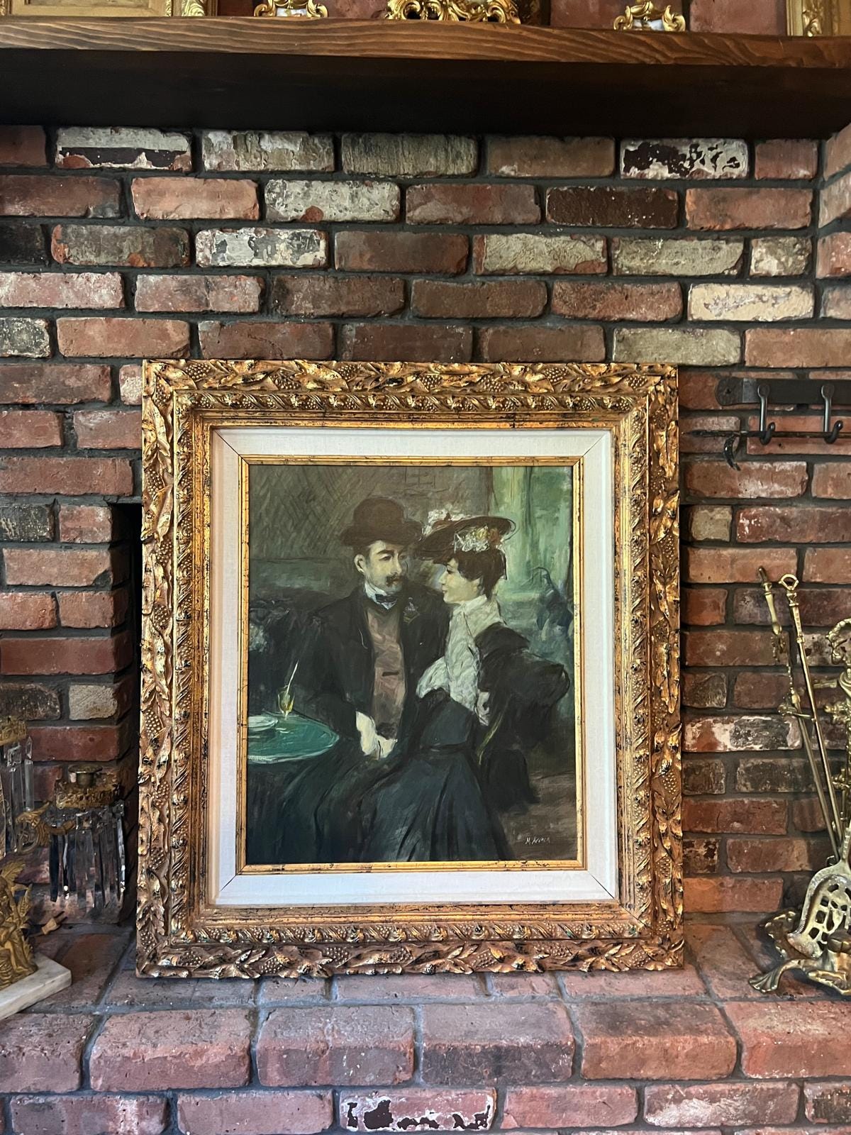 Vintage Framed Oil Painting Elegant Couple in Café Gold Leaf Ornate Frame Impressionist Style Interior Wall Art Signed Decoration Piece