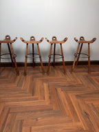 Antique Wood Iron Bar Stools, Set of 4, Rustic Farmhouse Saddle Stools