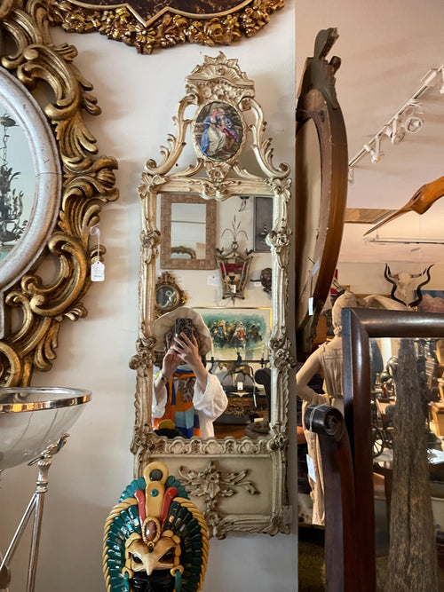 Antique French Rococo Mirror Large Hand Painted Porcelain Plaque Gilt Carved Wood Frame Ornate Wall Mirror Vintage French Home Decor