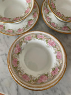 Jean Pouyat Limoges Pink Roses Gold Ramekin & Saucers Set of 6 Vintage Floral Porcelain Soup Bowls Set Gold Rimmed Elegant Dishware