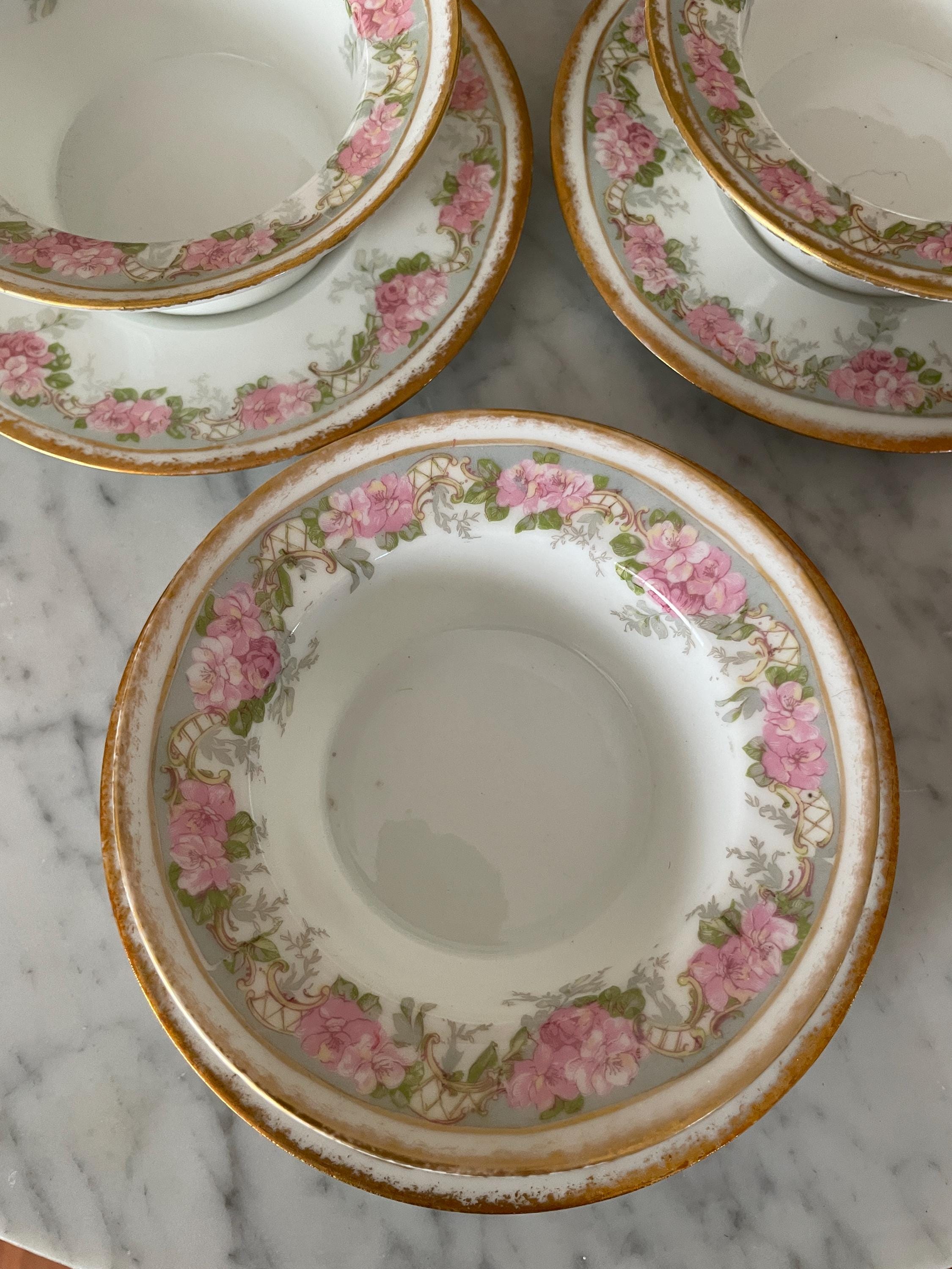 Jean Pouyat Limoges Pink Roses Gold Ramekin & Saucers Set of 6 Vintage Floral Porcelain Soup Bowls Set Gold Rimmed Elegant Dishware