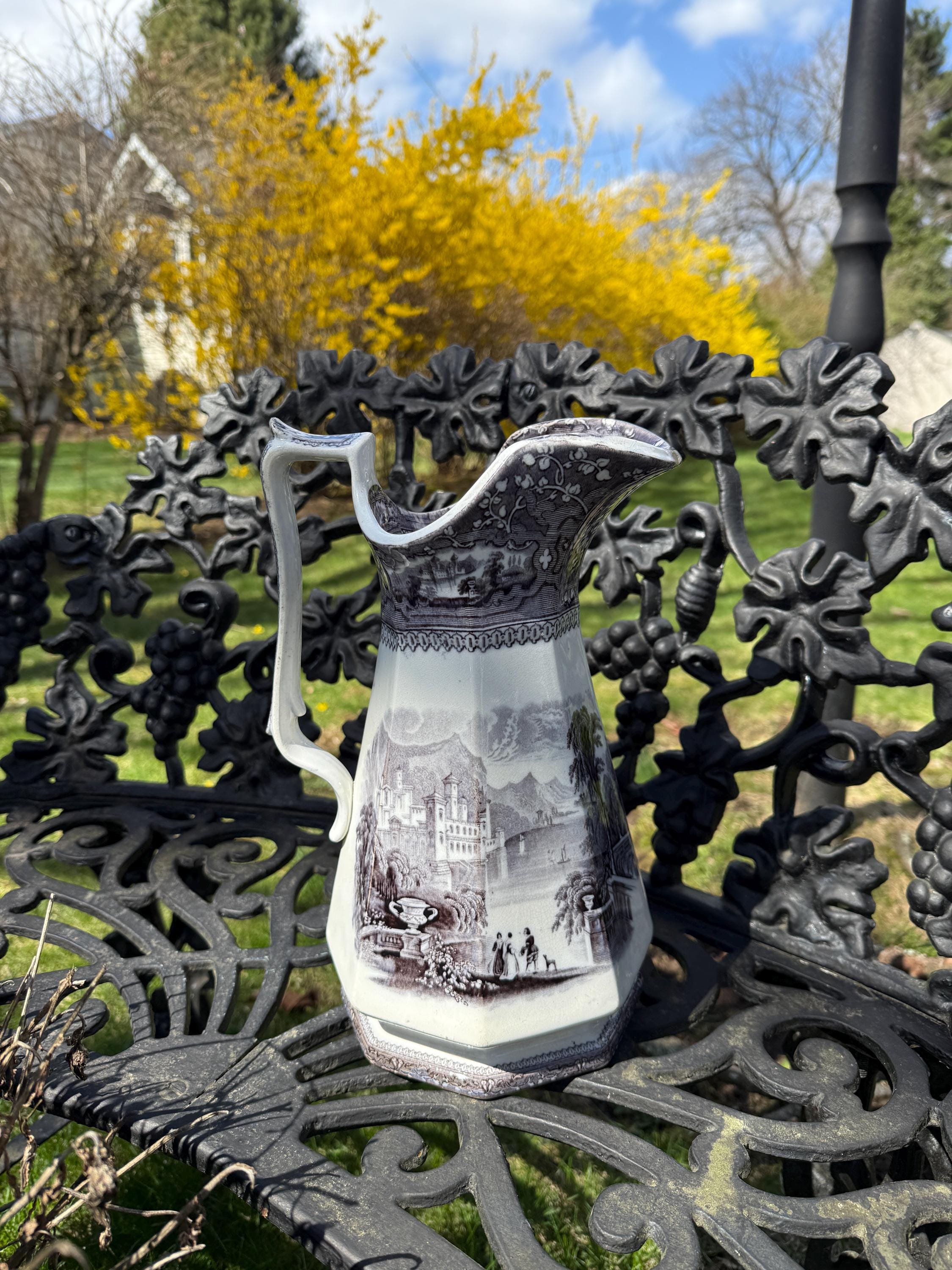 Antique Jug Pitcher Alleghany Ironstone Black Transferware Jug by R. Goddard & Co.19th C. American Pottery Romantic Pastoral Landscape Motif