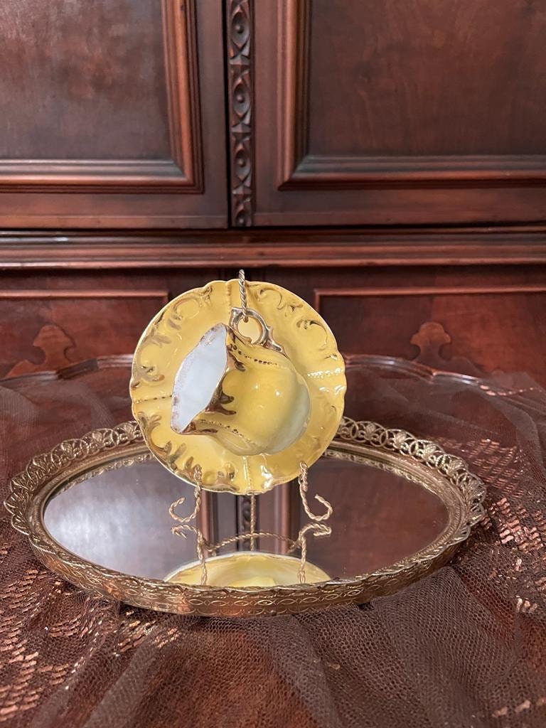 Vintage Yellow Ornate Porcelain Teacup Set Japanese Rococo Baroque Style Embossed Design Collectible Display Piece Japan Marked Elegant