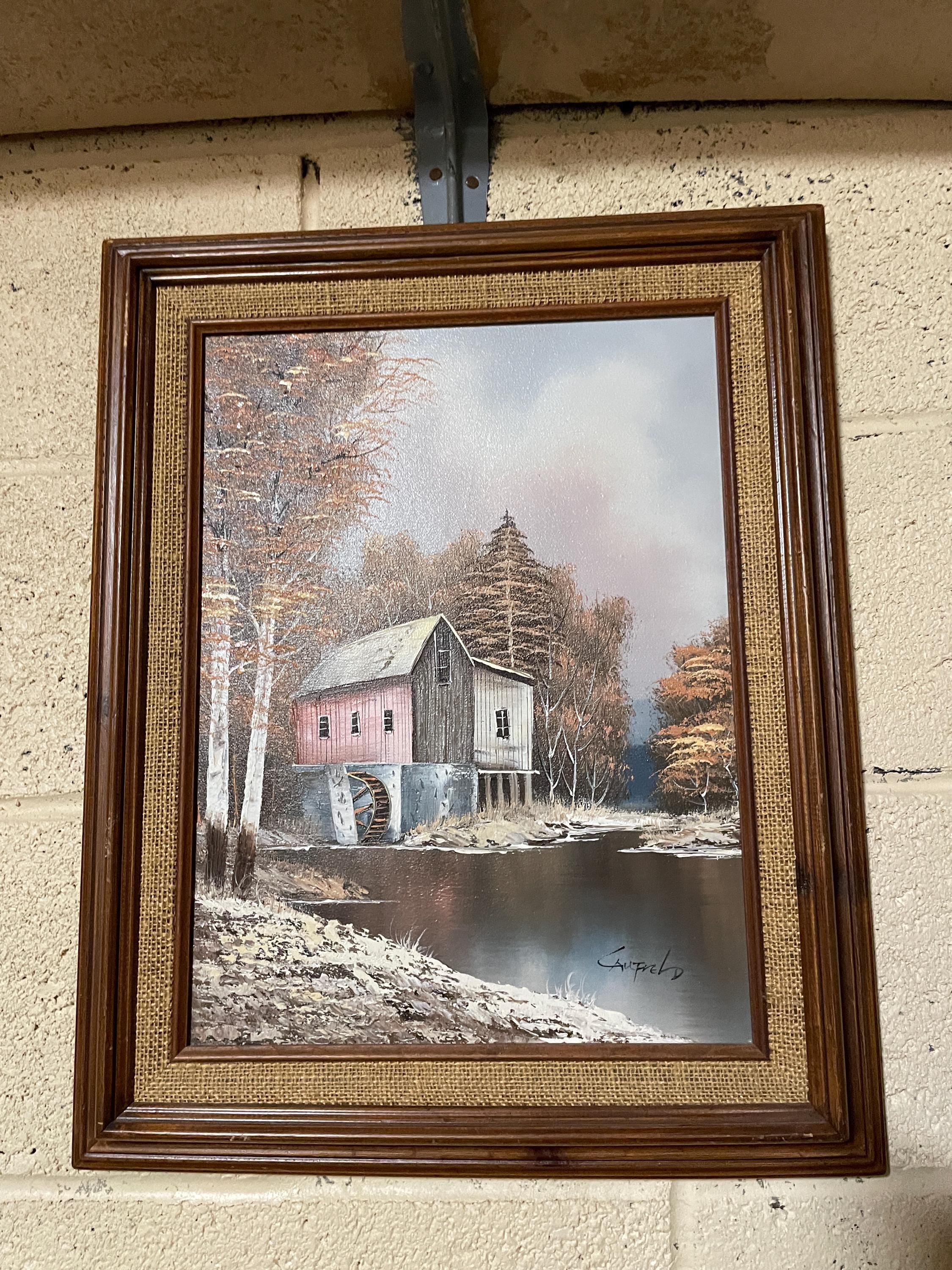 Vintage Autumn Landscape Painting Signed Countryside Mill Scene Rustic Wood Frame Wall Art Cabin Decoration Lake House Style Cozy Charm
