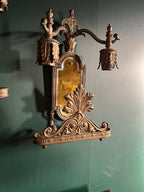 Antique Art Deco Bronze Wall Sconce Pair Leaf Motif Beveled Mirror Electric Light Fixture Ornate Gothic Revival Style Architectural Salvage