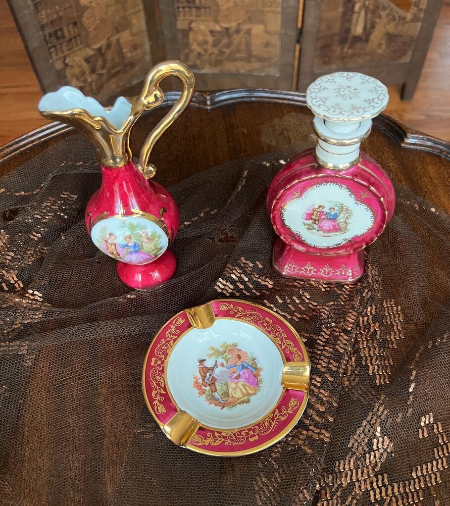 Limoges France Pink Gold Porcelain Perfume Bottle Pitcher Ashtray Set Romantic Scene Rococo Decoration Collectible Vintage Elegant Gift