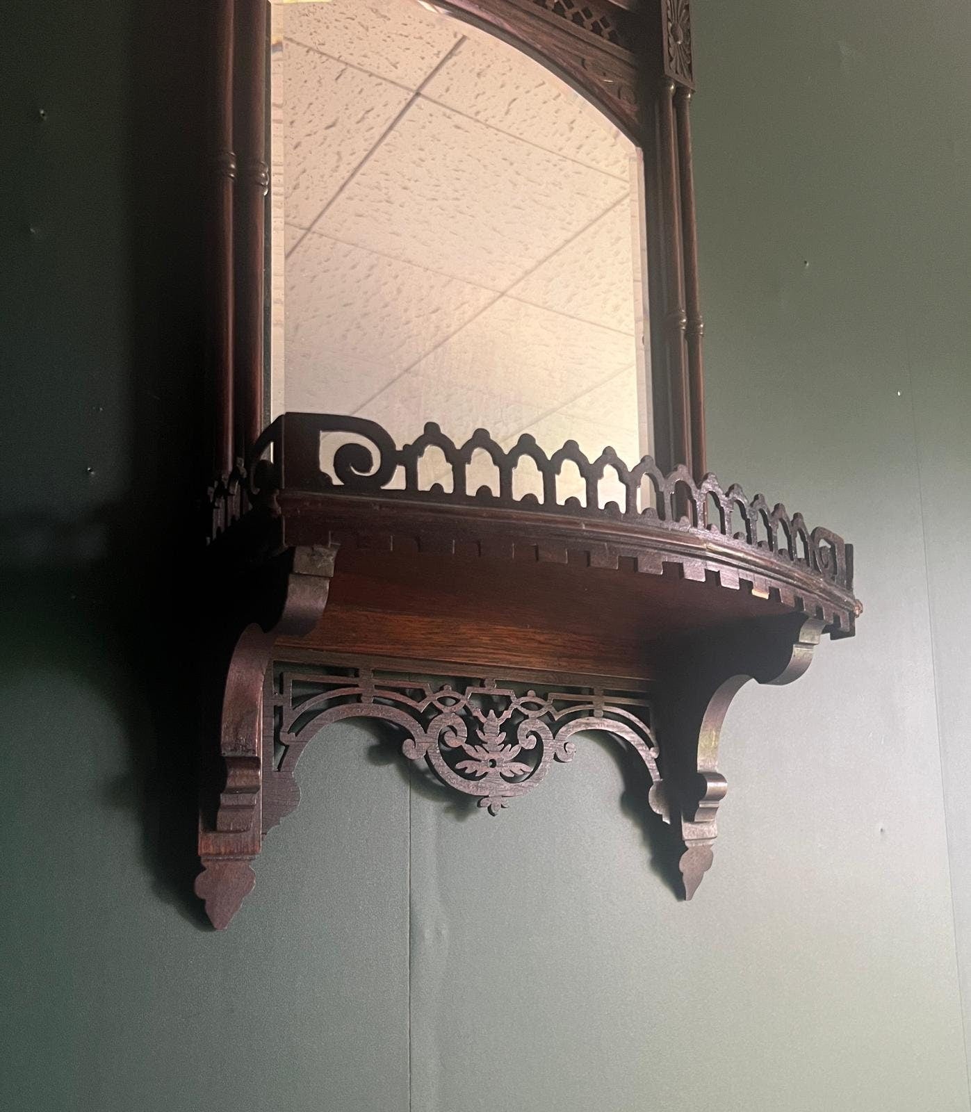 Antique Victorian Wall Mirror Wood Frame Gothic Shelf Hallway Accent Ornate Entryway Decor Carved Hanging Piece Collectible Unique Vanity