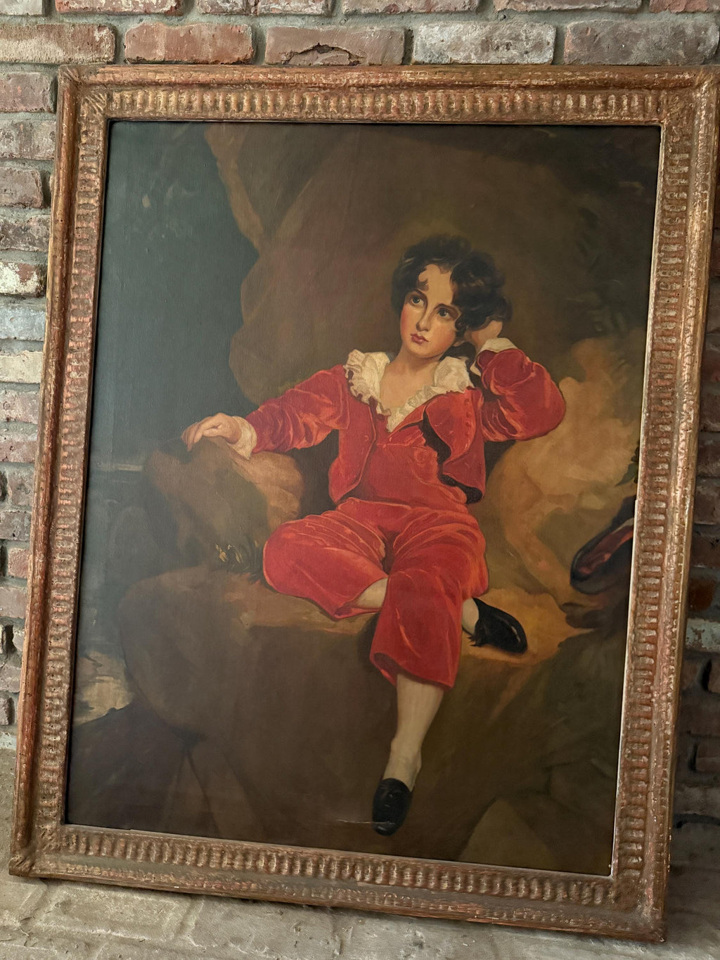 Antique Oil Painting of a Young Boy Red Large Framed Portrait 19th C English Style Rare Impressive Artwork Thomas Lawrence Inspired Wall Art