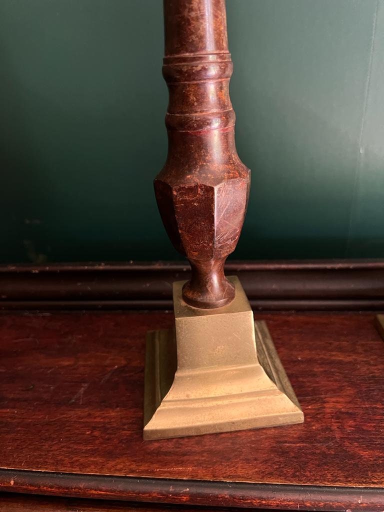 Vintage Tall Brass Wood Candlesticks Pair Colonial Style Taper Holders Elegant Antique Mantel Decor Statement Dining Table Accent Classic