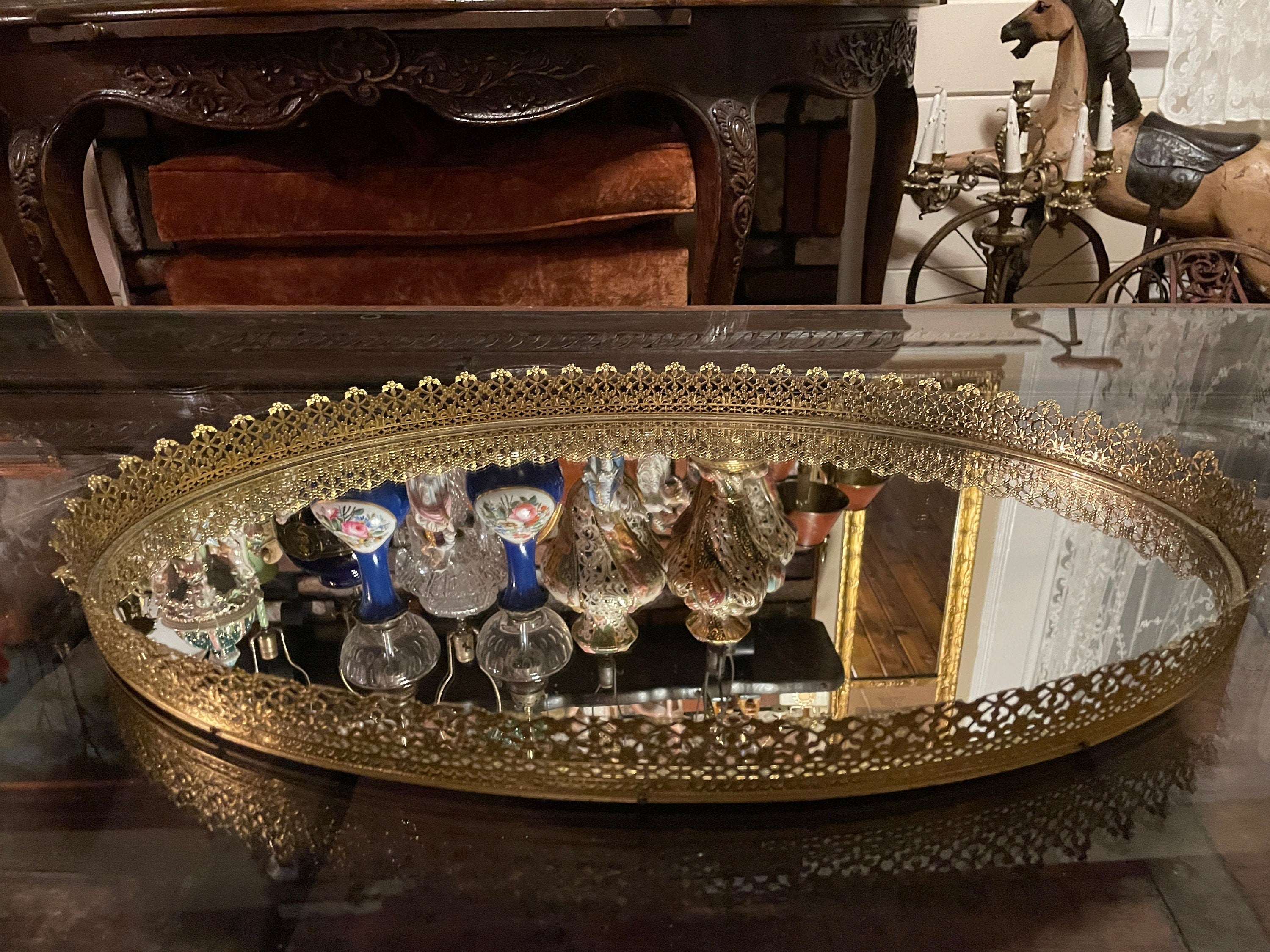 Vintage French Style Ornate Oval Vanity Tray Gold Filigree Mirrored Centerpiece Elegant Hollywood Regency Accent Dresser Display Decoration