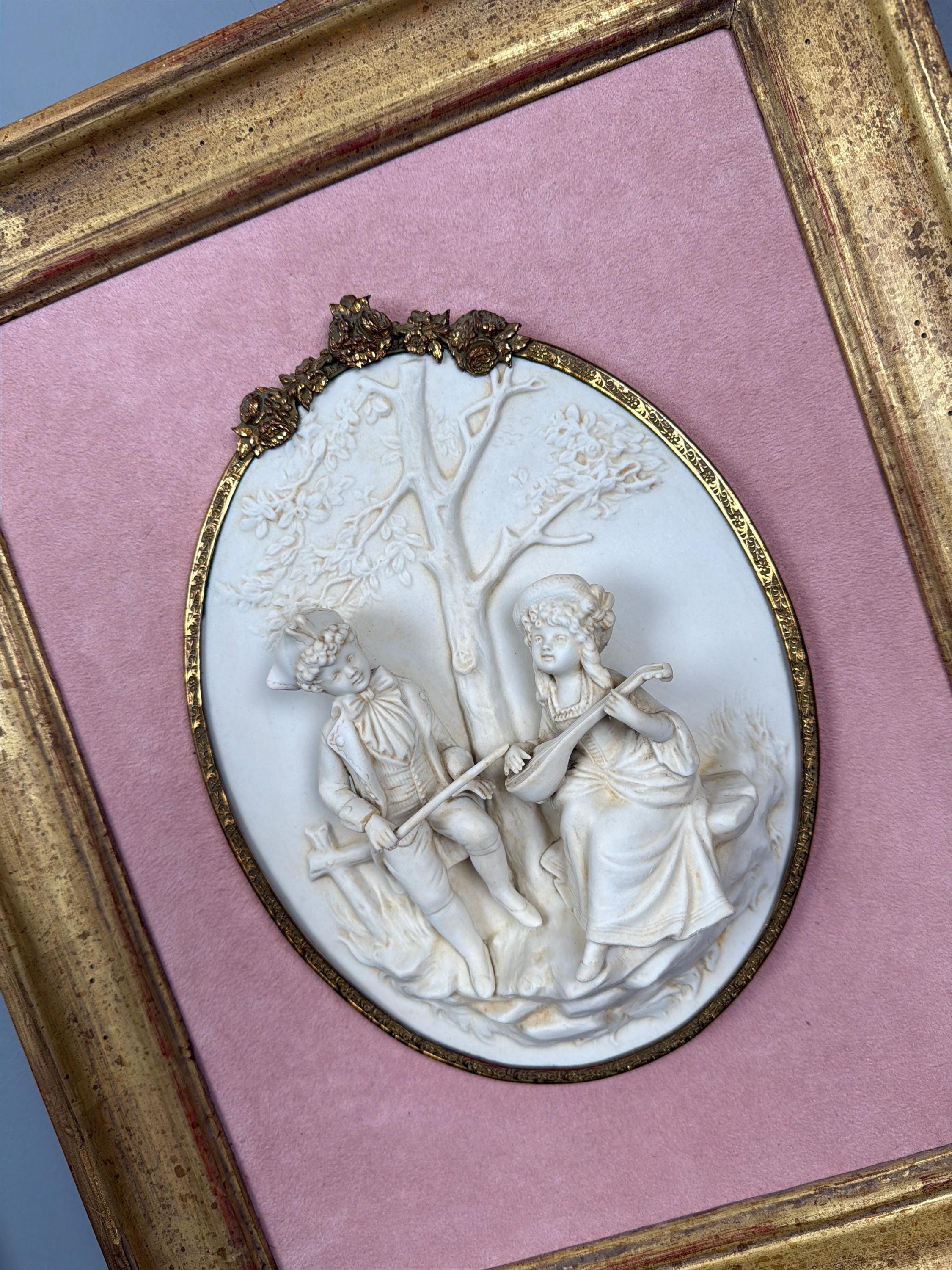 Antique Bisque Porcelain Wall Plaques Pair, French Rococo Gilt Framed Romantic Scene Panels