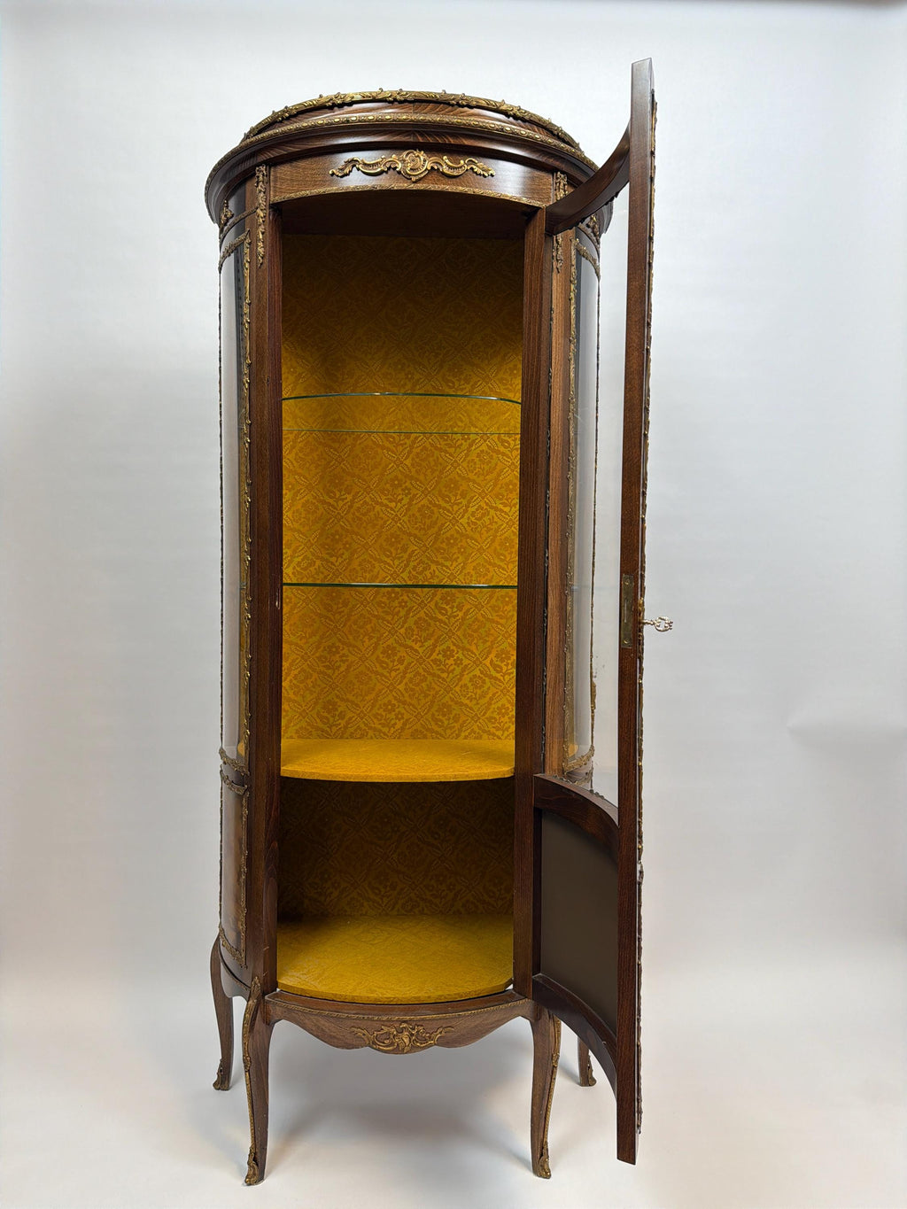 Antique French Louis XV Style Vitrine, Curved Glass Display Cabinet with Hand Painted Panel