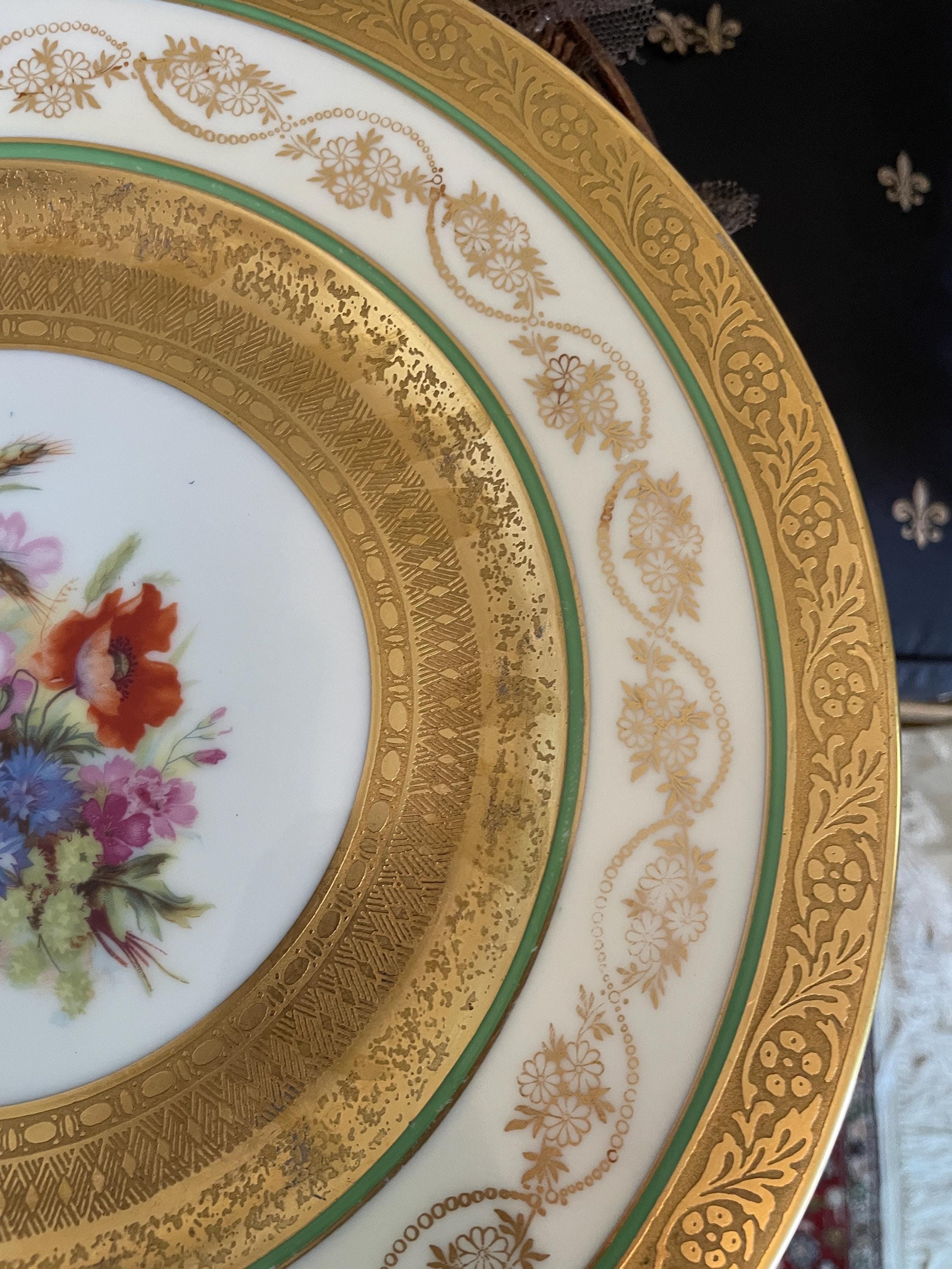 Vintage Bavaria Gold Gilded Floral Porcelain Dinner Plates Set of 9 Hand Painted Green Band Tableware Set Collectible Plates Dinnerware Set