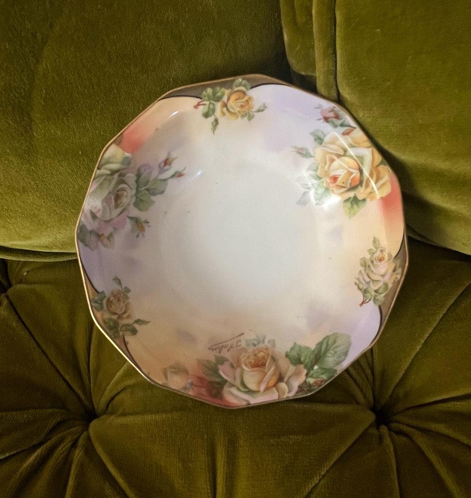 Vintage Hand Painted Porcelain Floral Bowl Pink Rose Design Scalloped Edge Gold Rim Cottagecore Home Decor Antique Style Collectible Dish