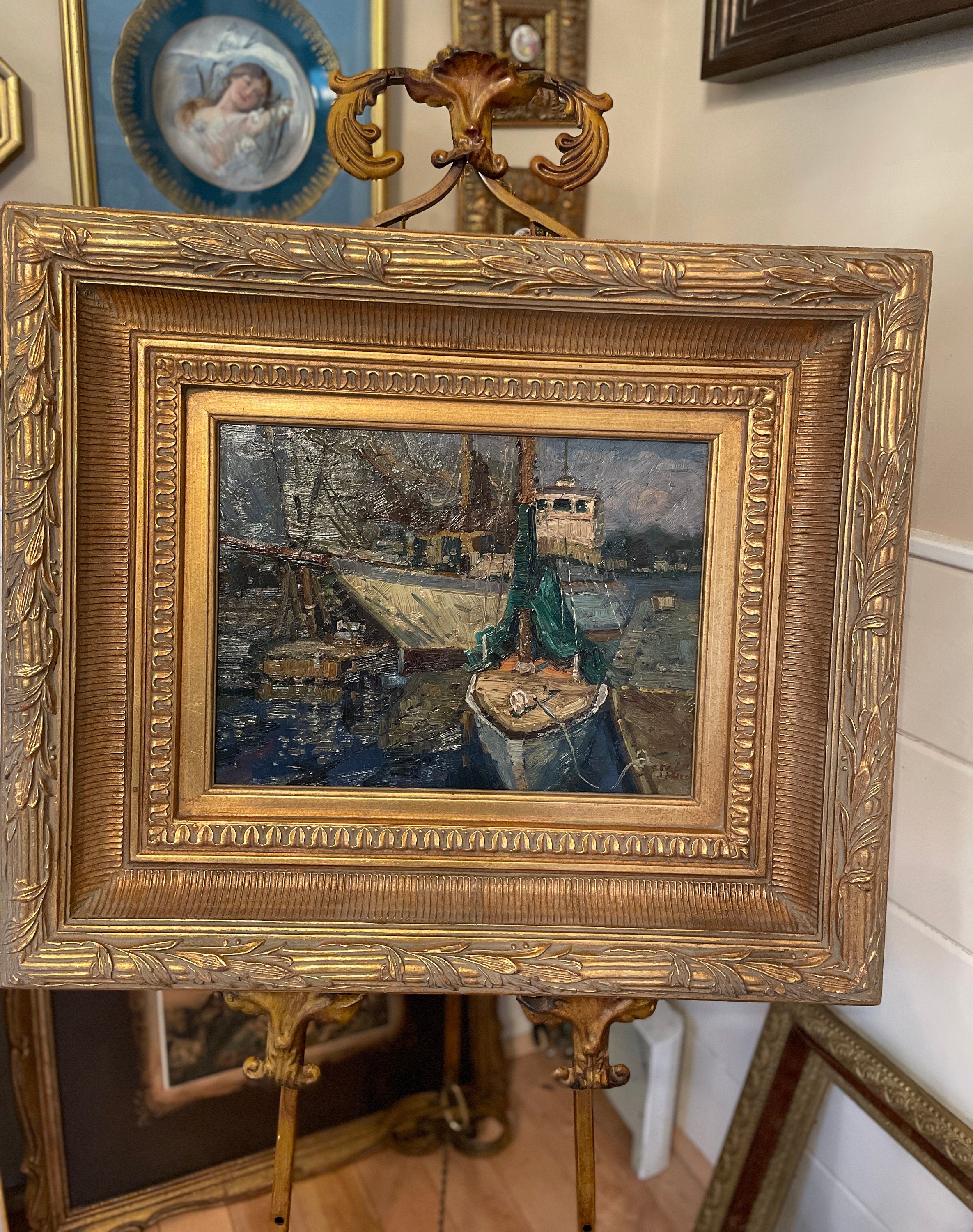 Original Oil Painting Boats Harbor Scene Nautical Marine Seascape Artwork Framed Impressionist Style Signed Vintage Coastal Decoration